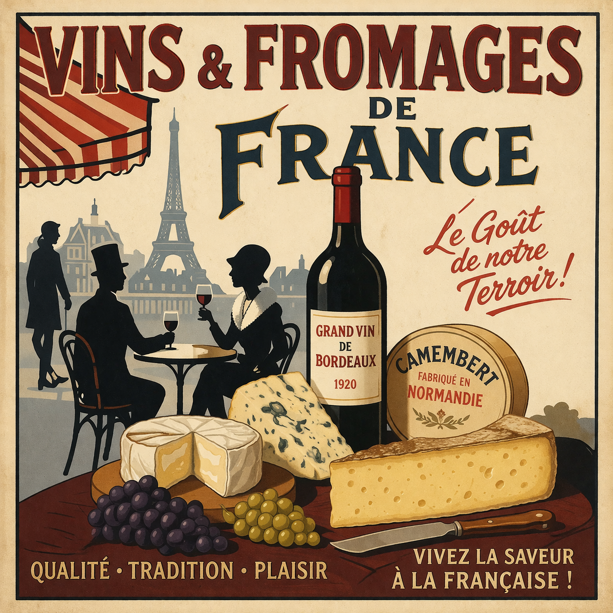 Vintage-style poster advertising French wines and cheeses, featuring a bottle of Bordeaux wine, various cheeses like Camembert, grapes, and a background silhouette of Paris with the Eiffel Tower, and people enjoying wine at an outdoor cafe.