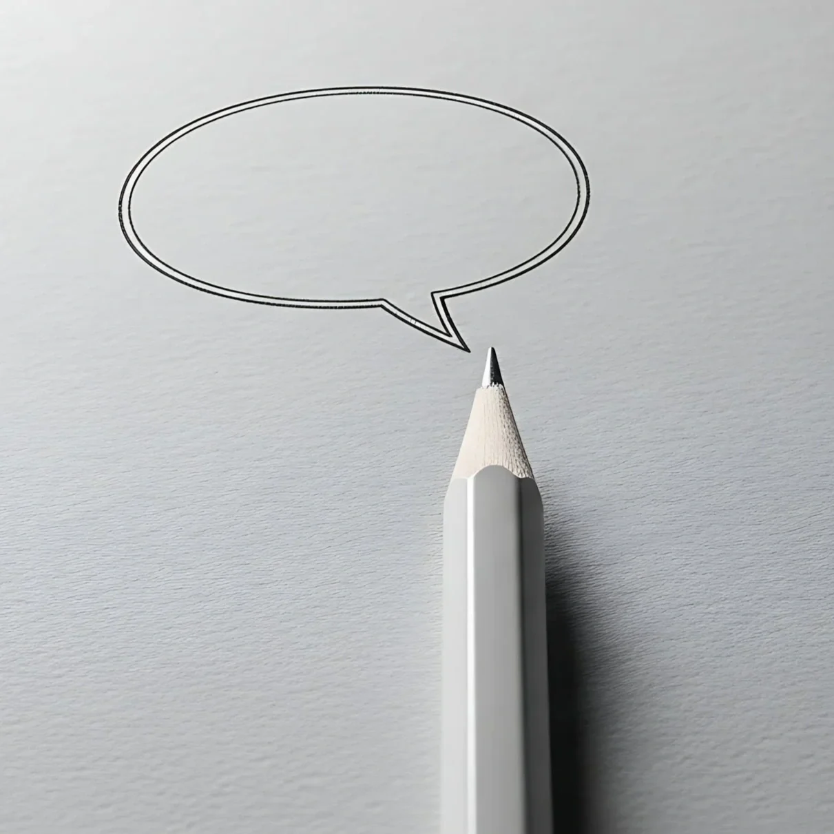 A white pencil points at a speech bubble outline drawn on paper.