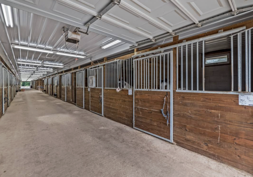 Interior view of a horse stable with individual stalls, wooden lower walls, metal upper rails, and horses inside some stalls. The stable has a concrete floor and a ceiling with fluorescent lighting.