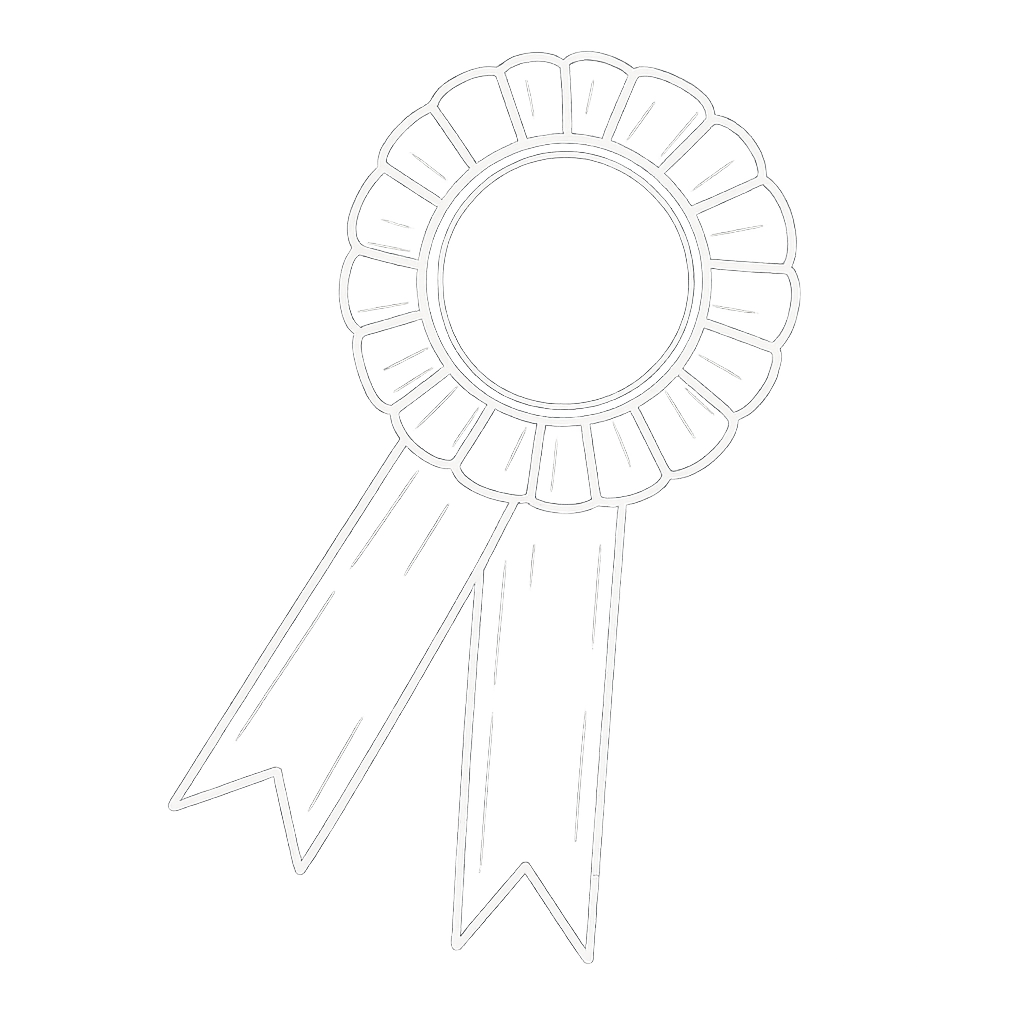 Outline drawing of a medal or award ribbon with a circular emblem and two ribbon tails.