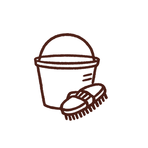 Drawing of a bucket with a handle and a scrub brush in front of it.
