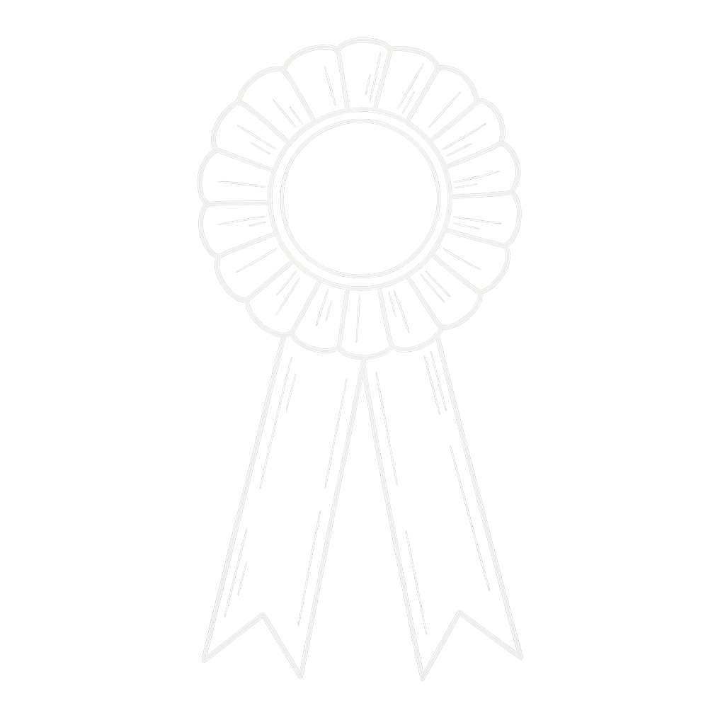 Neon outline of an award ribbon with a circular rosette at the top and two hanging tails against a gray background.