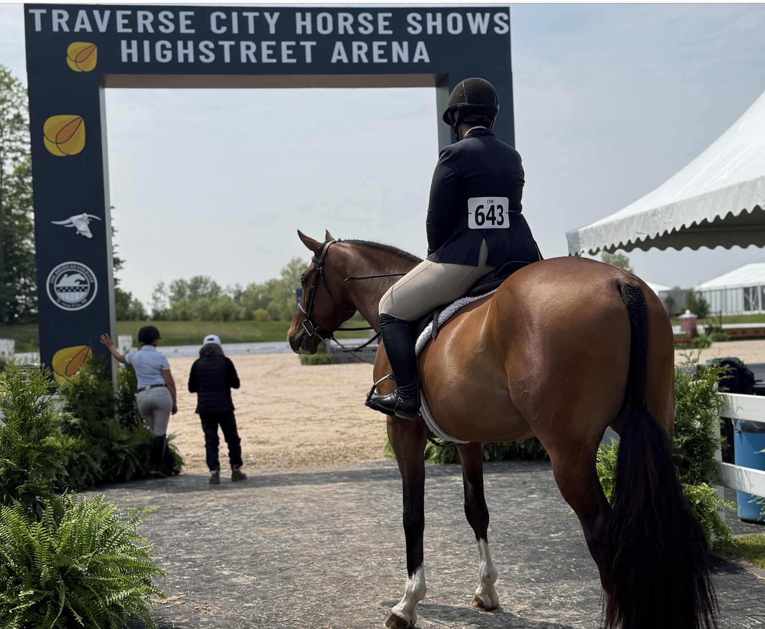 A rider on a brown horse approaching the start line of a horse show at the Traverse City Horse Shows, Highstreet Arena, with a large sign overhead, two women near the entry, and tents in the background.