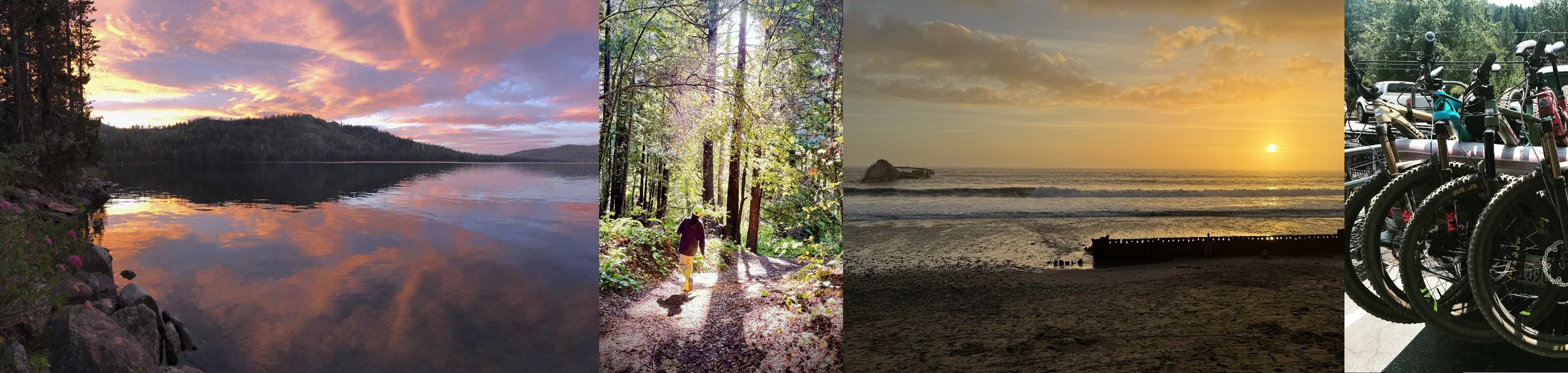A collage of five outdoor scenes: a sunset over a lake with trees along the shore, a person walking on a forest trail, a sunset at the beach with waves and a rock formation, and a display of bicycles parked together.