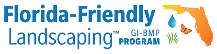 Florida-Friendly Landscaping program logo with a map of Florida, a water droplet, a butterfly, and grass.