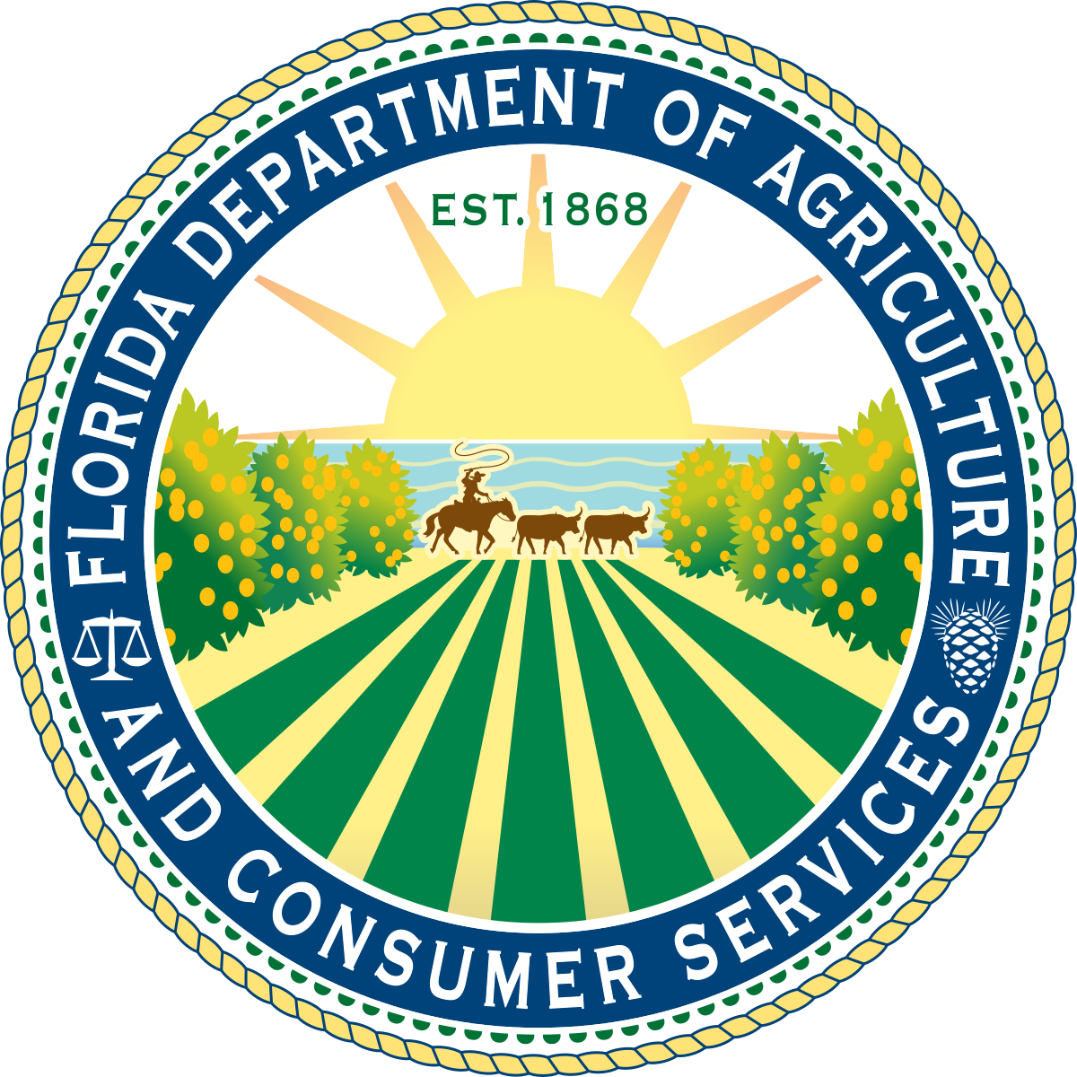 Seal of the Florida Department of Agriculture and Consumer Services. It features a sunrise over a field with rows of crops, orange trees, cattle, and a lake in the background. The seal includes the text "Florida Department of Agriculture and Consumer Services" and "Est. 1868".