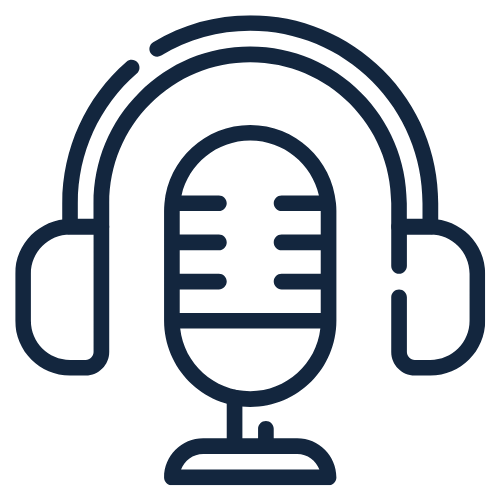 Line drawing of a microphone with over-ear headphones.