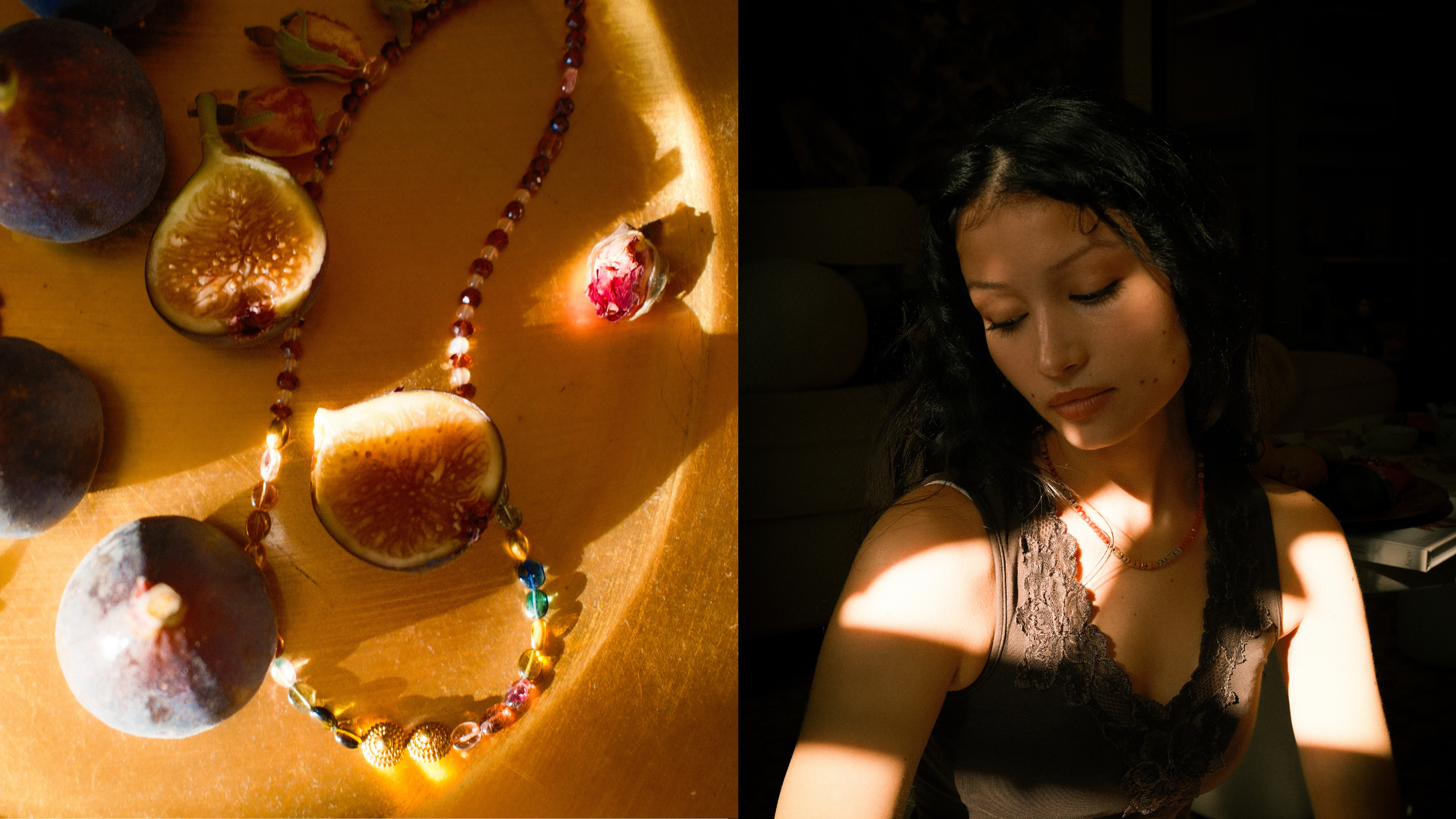 Side-by-side images. The left shows a wooden surface with a string of colorful beads, partially unwrapped figs, and a dried rosebud. The right shows a young woman with dark, curly hair, wearing a black lace top and a necklace, looking downward with s