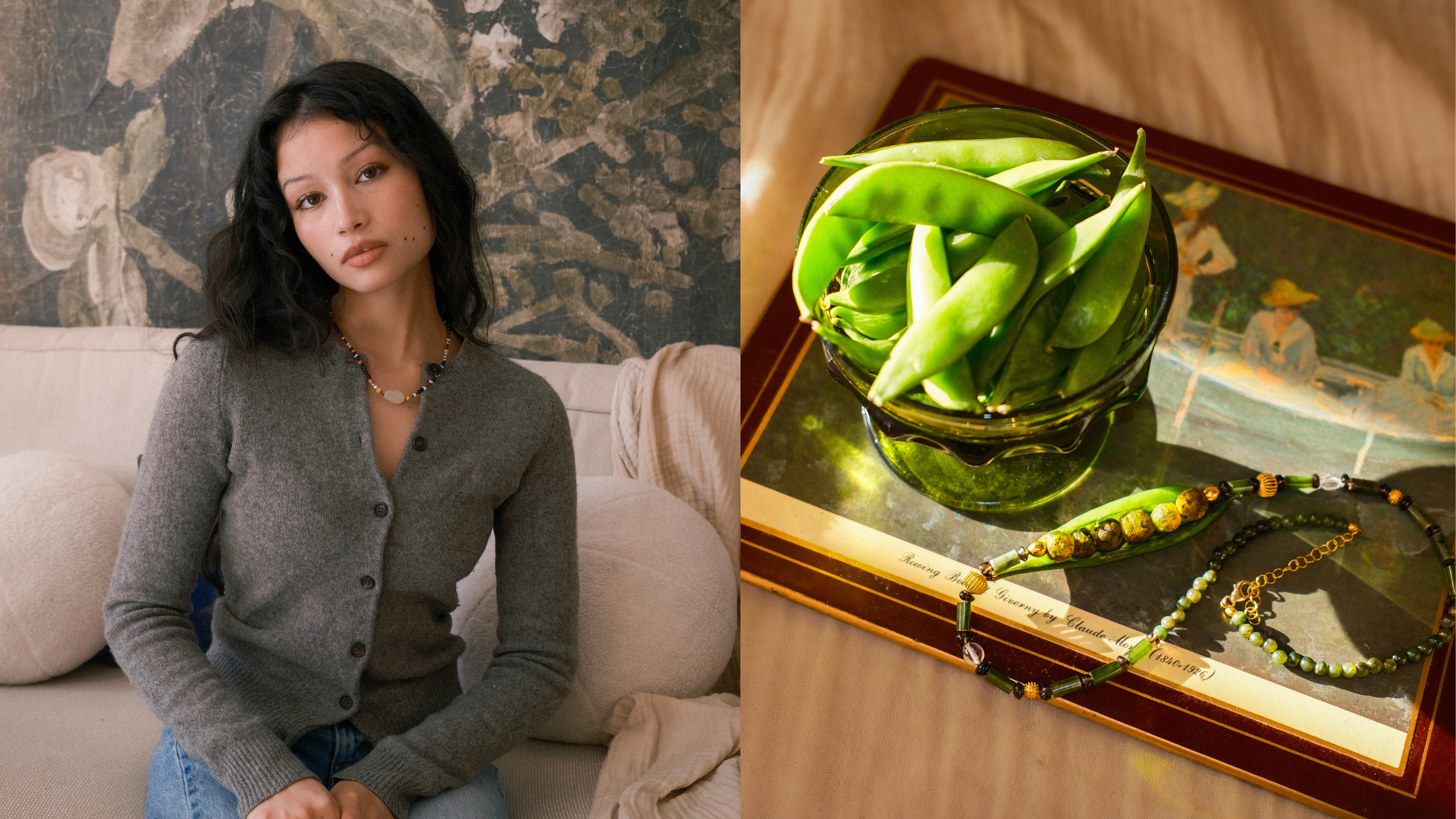 A young woman with black wavy hair wearing a gray buttoned cardigan and a colorful beaded necklace sitting on a cream-colored sofa next to a beige throw blanket, with a textured dark background featuring fossilized bones or skeletons.