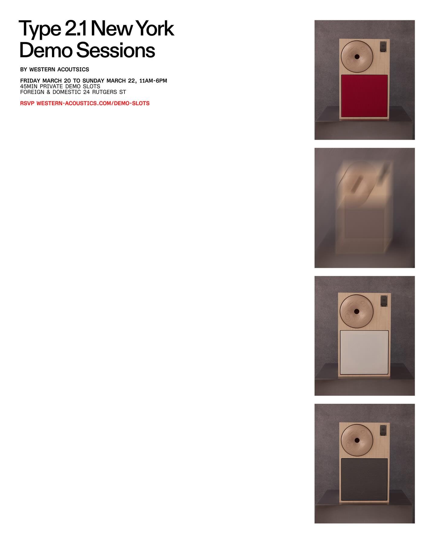 NEW YORK 

We&rsquo;re bringing our type 2.1&rsquo;s to @foreigndomestic for 3 days of private demos, March 20-22. 
45 minute slots available from 11am-6pm

RSVP For demo sessions at link in bio www.westernacoustics.com/demoslots/