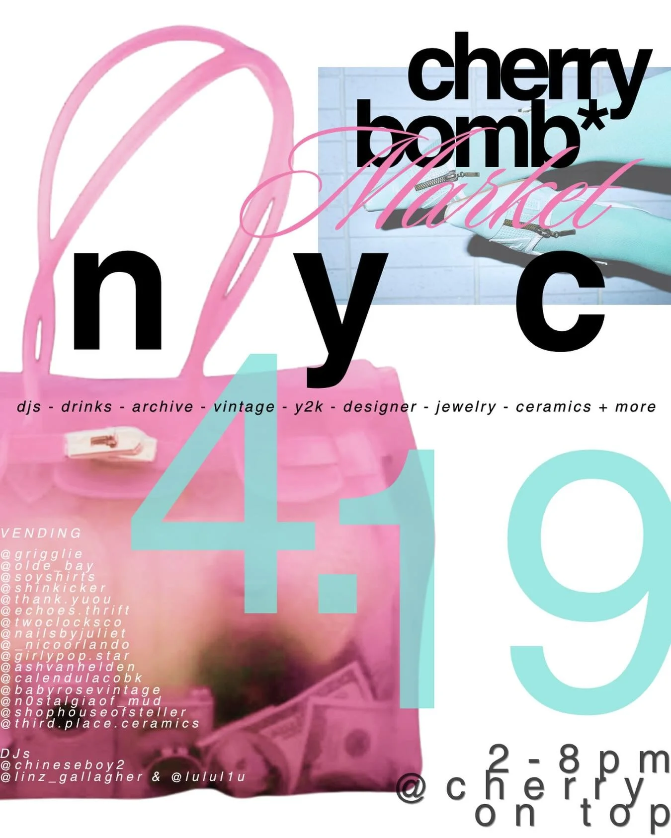 CHERRYBOMB AT CHERRY ON TOP 
@cherry.on.top.nyc with 17+ vendors live DJ&rsquo;s natural wine + snacks and more! Don&rsquo;t miss this spring kick off event on the roof top🪽🐰🕯️🤍

@grigglie
@olde_bay 
@soyshirts 
@shinkicker 
@thank.yuou 
@echoes.