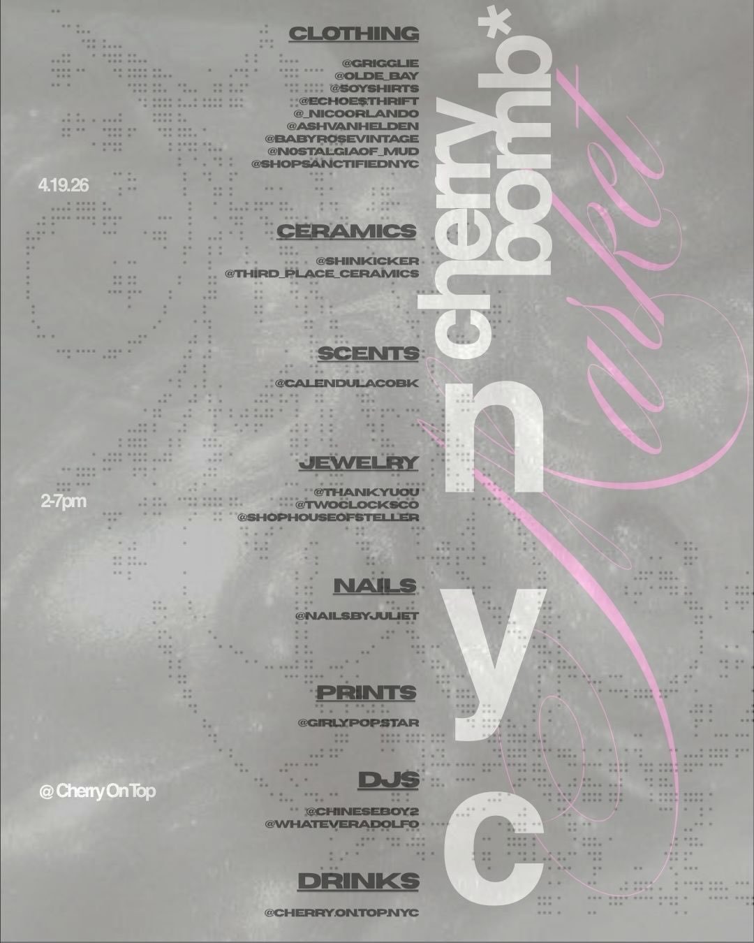 We&rsquo;re so excited for our incredible vendor lineup !!! Don&rsquo;t miss the opportunity to shop from this amazing curated collection at Cherrybomb Market hosted by @cherry.on.top.nyc this Sunday 4/19 from 2-7pm 🍒🍒

#thrift #nyc #funthingstodo