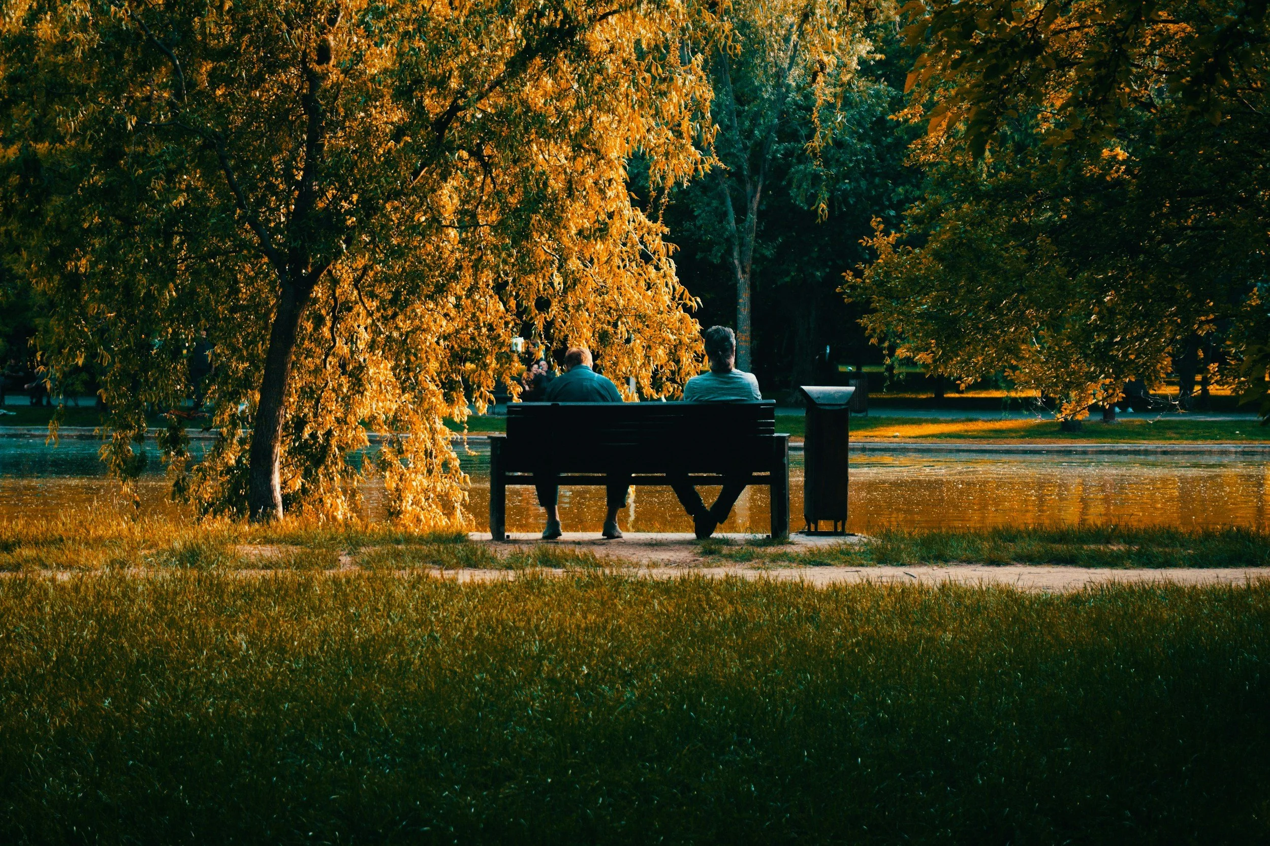 Two people sit on a park bench next to a pond, surrounded by autumn trees with yellow and green leaves.