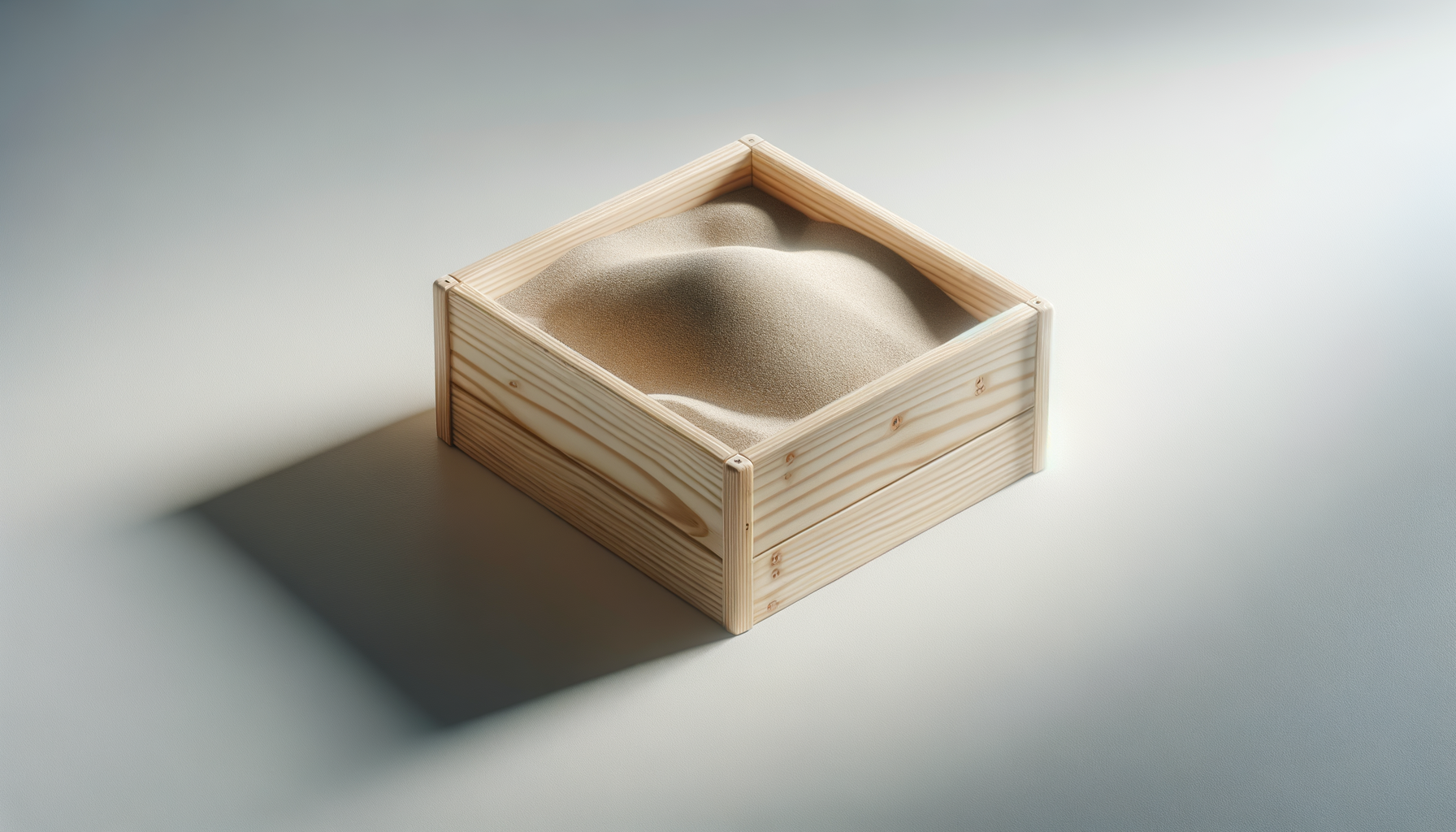 A square wooden box filled with beige sand on a light surface with soft shadows.