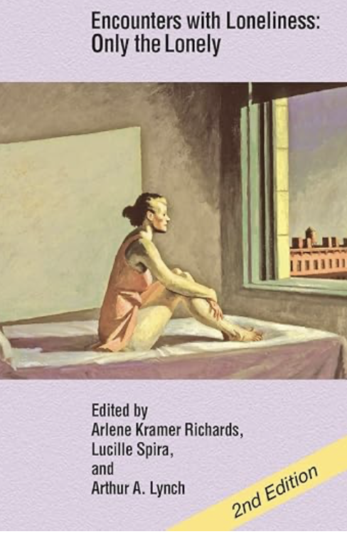 Book cover titled 'Encounters with Loneliness: Only the Lonely,' featuring an illustration of a woman sitting on a bed looking out a window, with city buildings visible outside.