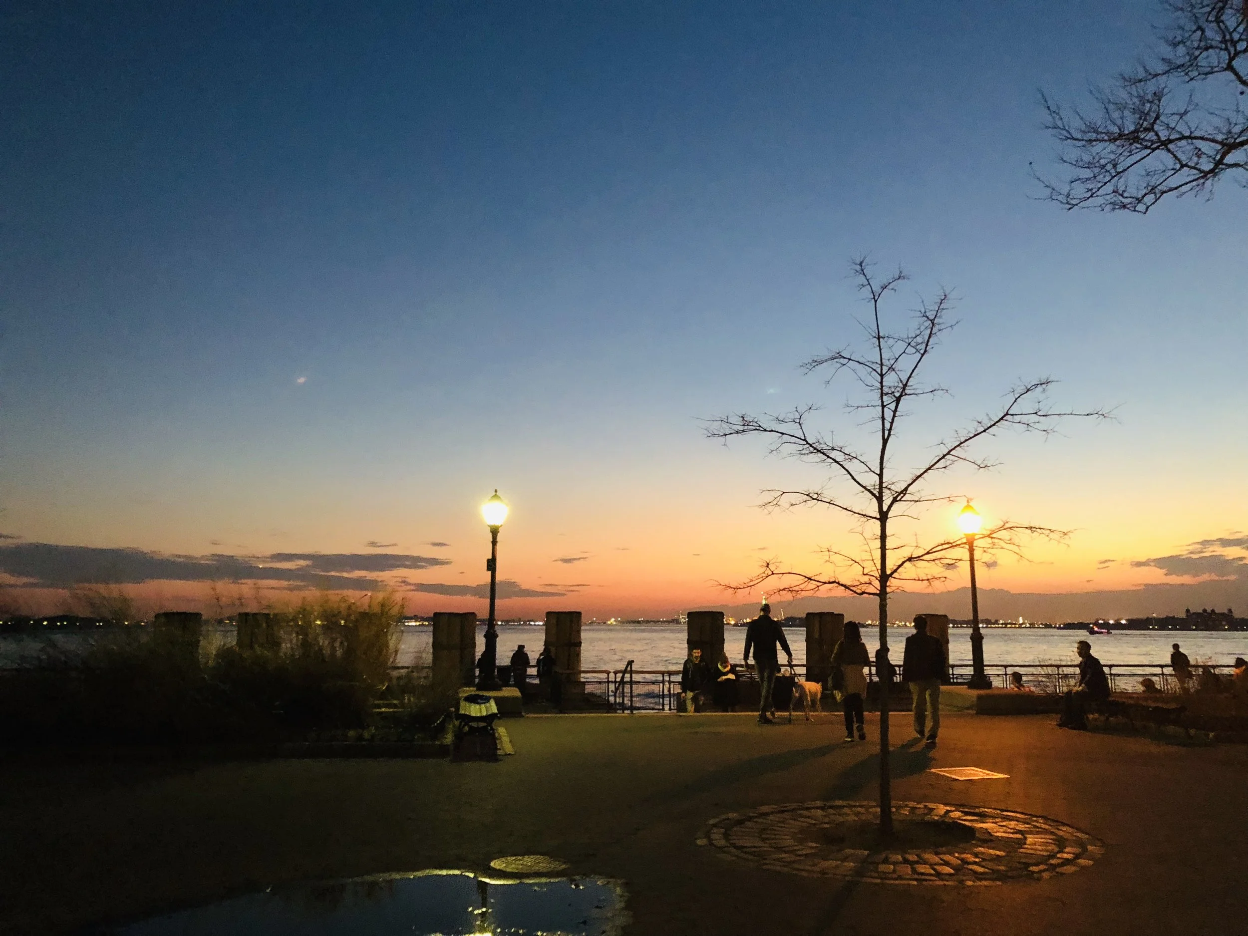 Sunset over a river or lake with a clear sky, a leafless tree in the foreground, and several people walking or sitting near the water, with lampposts illuminating the area.