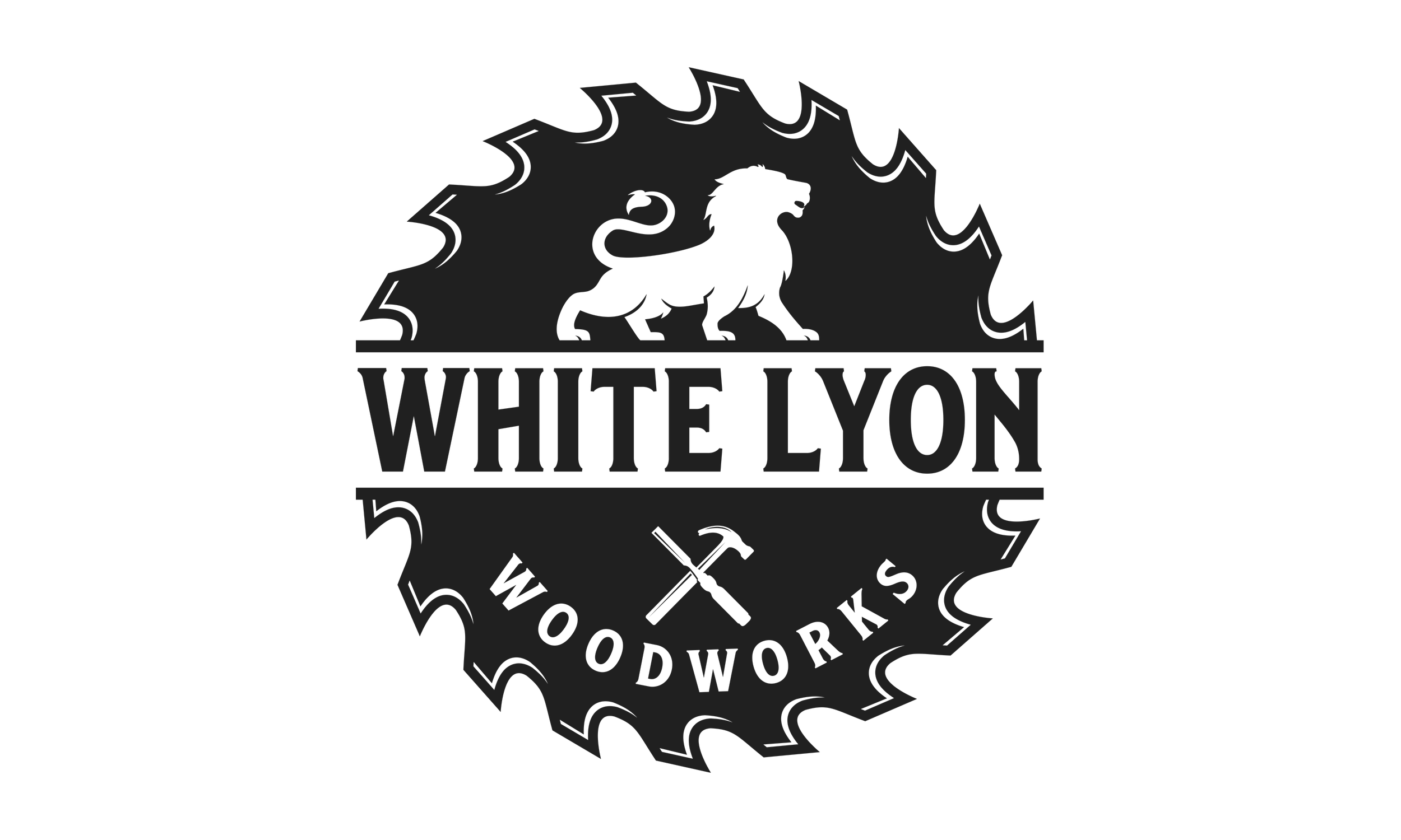 Logo for White Lyon Woodworks featuring a lion silhouette, saw blade outline, and crossed hammer and saw symbols.