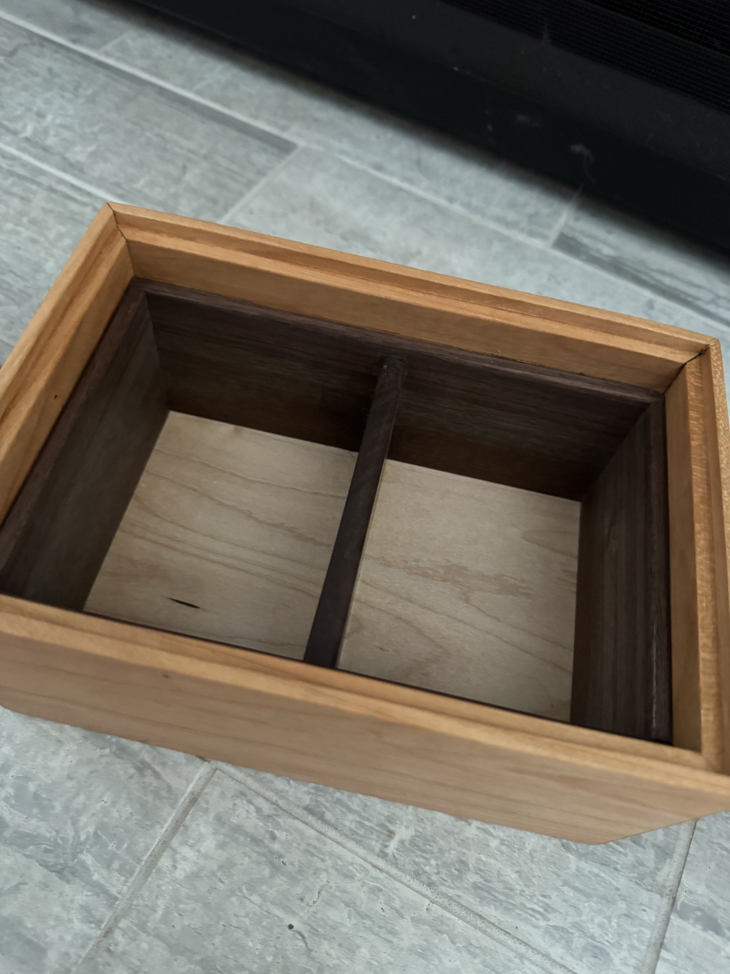 Cherry Tea Box with Bird's Eye Maple lid, lined with walnut