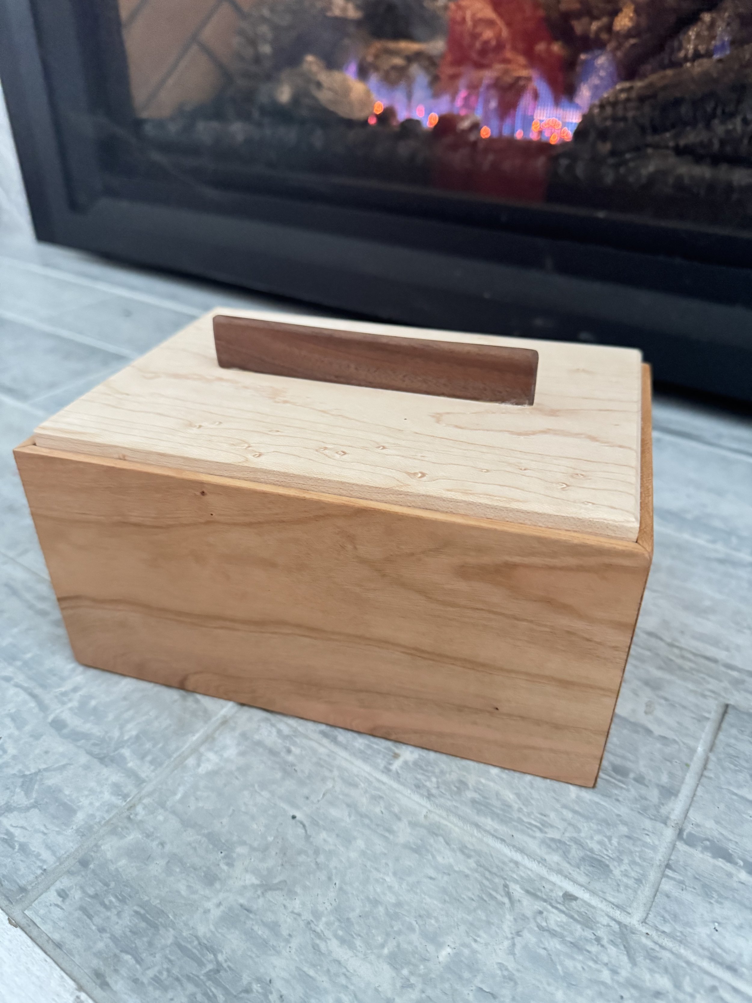 Cherry Tea Box with Bird's Eye Maple lid, lined with walnut