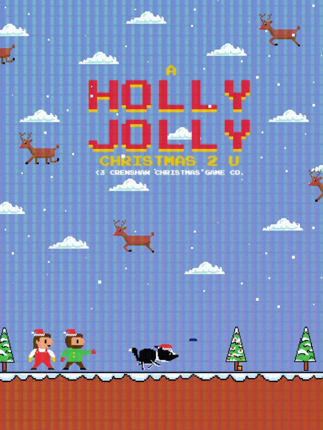 Pixelated Christmas-themed video game scene with pixel art reindeer flying in a sky filled with clouds, and characters at the bottom including Sadie and Ryan, a dog, and Christmas trees, with the words 'A Holly Jolly Christmas 2 U' in pixelated text.