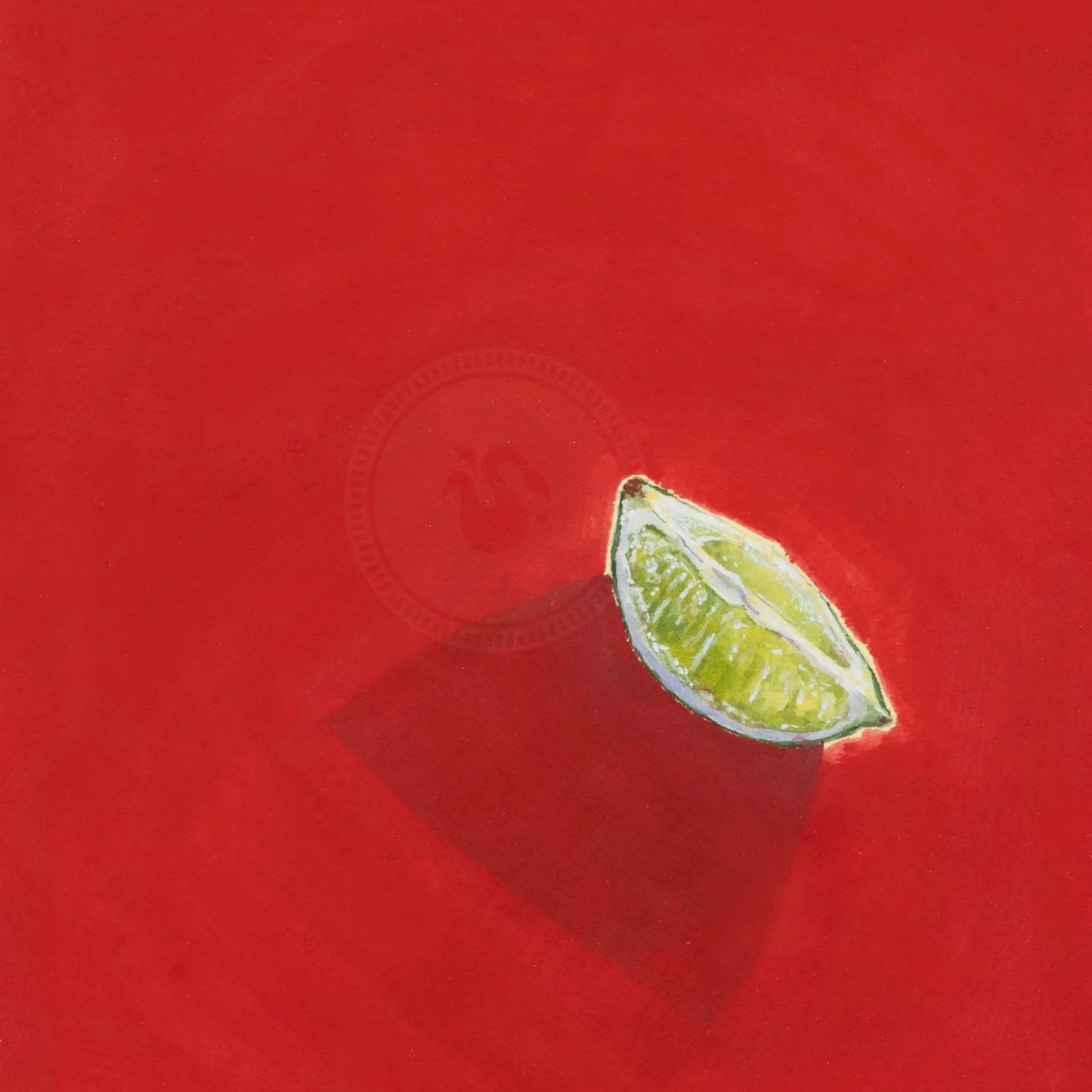 A lime wedge on a red background with a shadow casting a semicircular shape. Original Painting by Sadie T. Shirts C., Sad the Shop.
