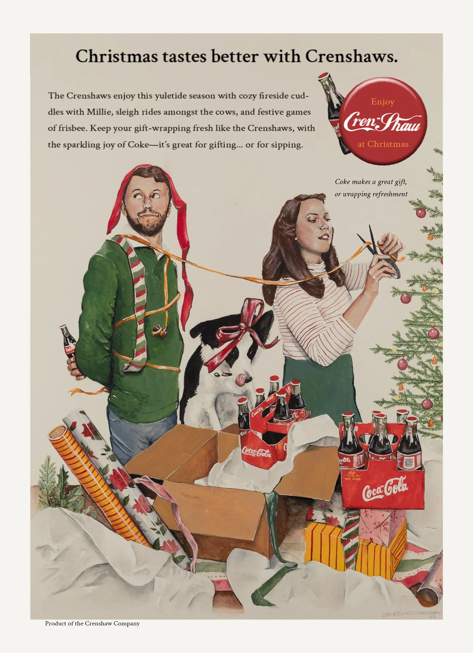 A drawing of a Christmas scene with a man and woman getting ready to wrap gifts with Coke bottles. The man, wearing a red and white striped scarf and a green shirt, has red wrapping paper on his head. The woman, dressed in a striped shirt, is wrappin
