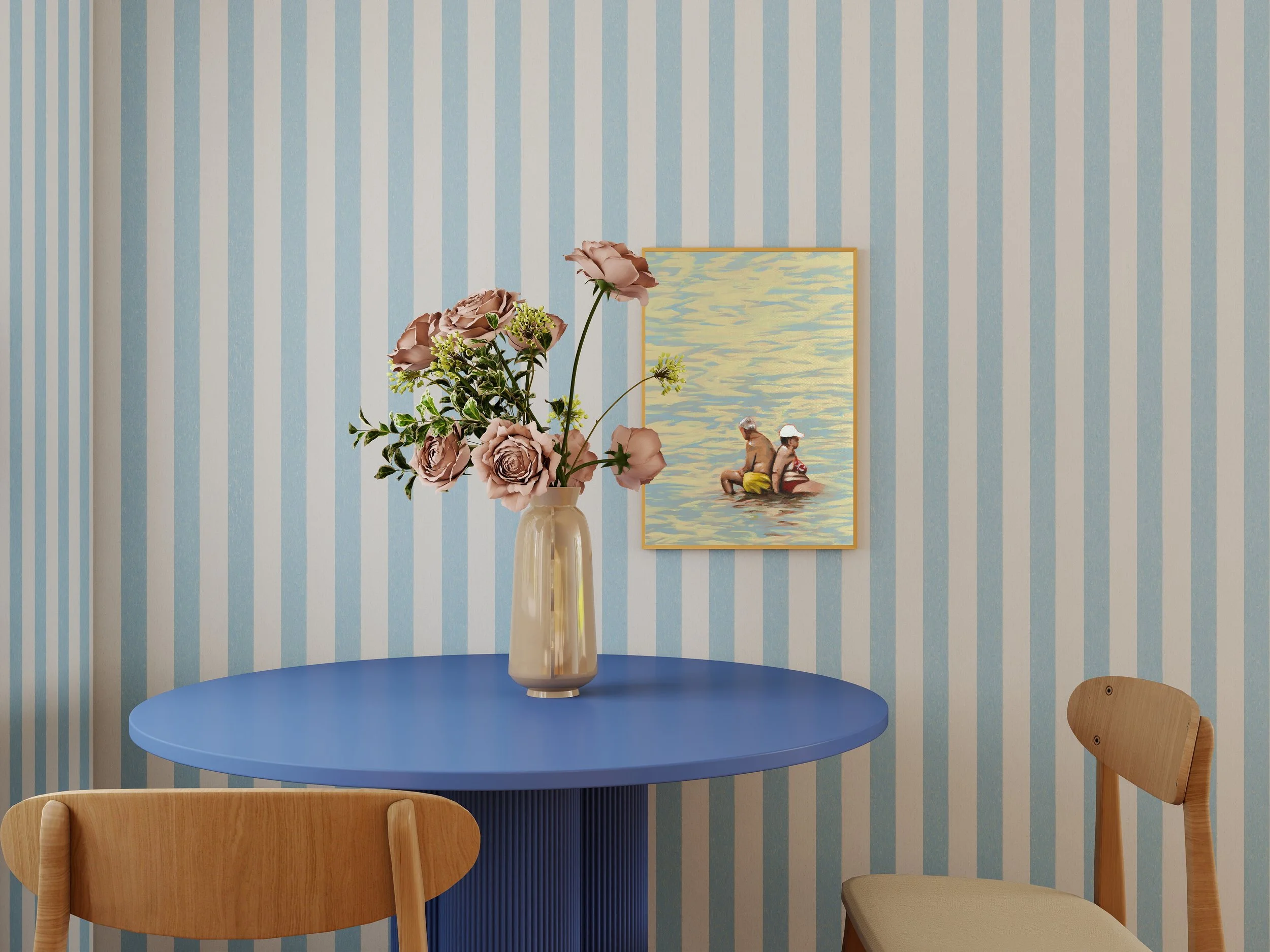 A blue round table, flanked by wooden chairs, against a wall with vertical blue and white stripes, and a framed painting of an older couple leaning back-to-back. "I've Got Your Back" Original Oil Painting by Sadie T. Shirts C., Sad the Shop.