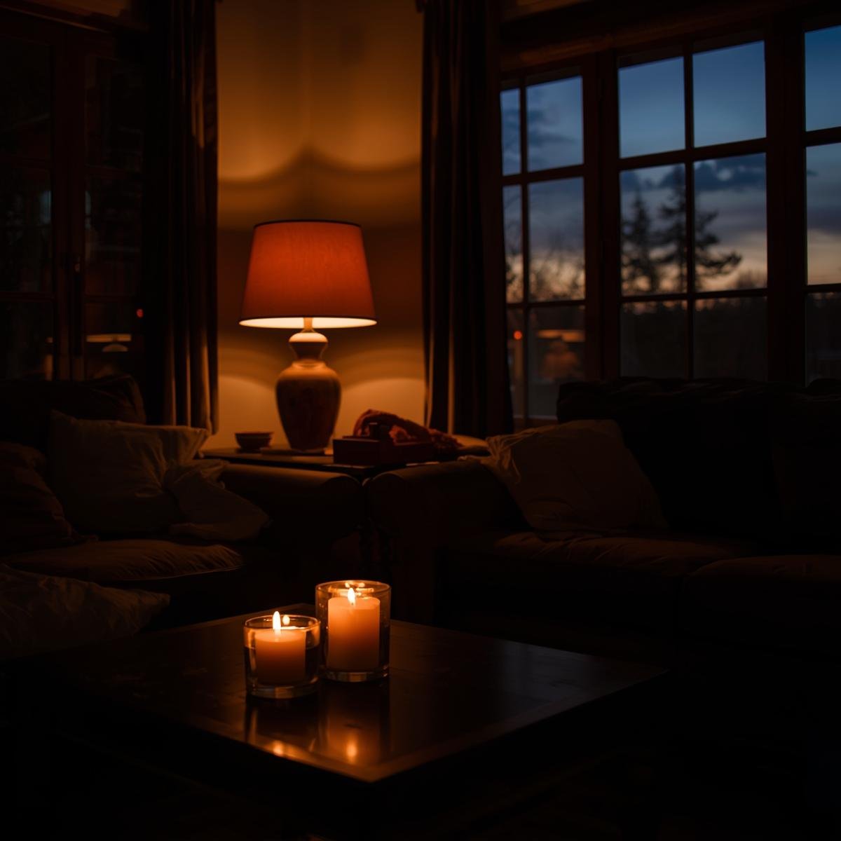 A lamp and candles creating soft pools of amber light in a living room at dusk. windows let in the last light of the day..jpg