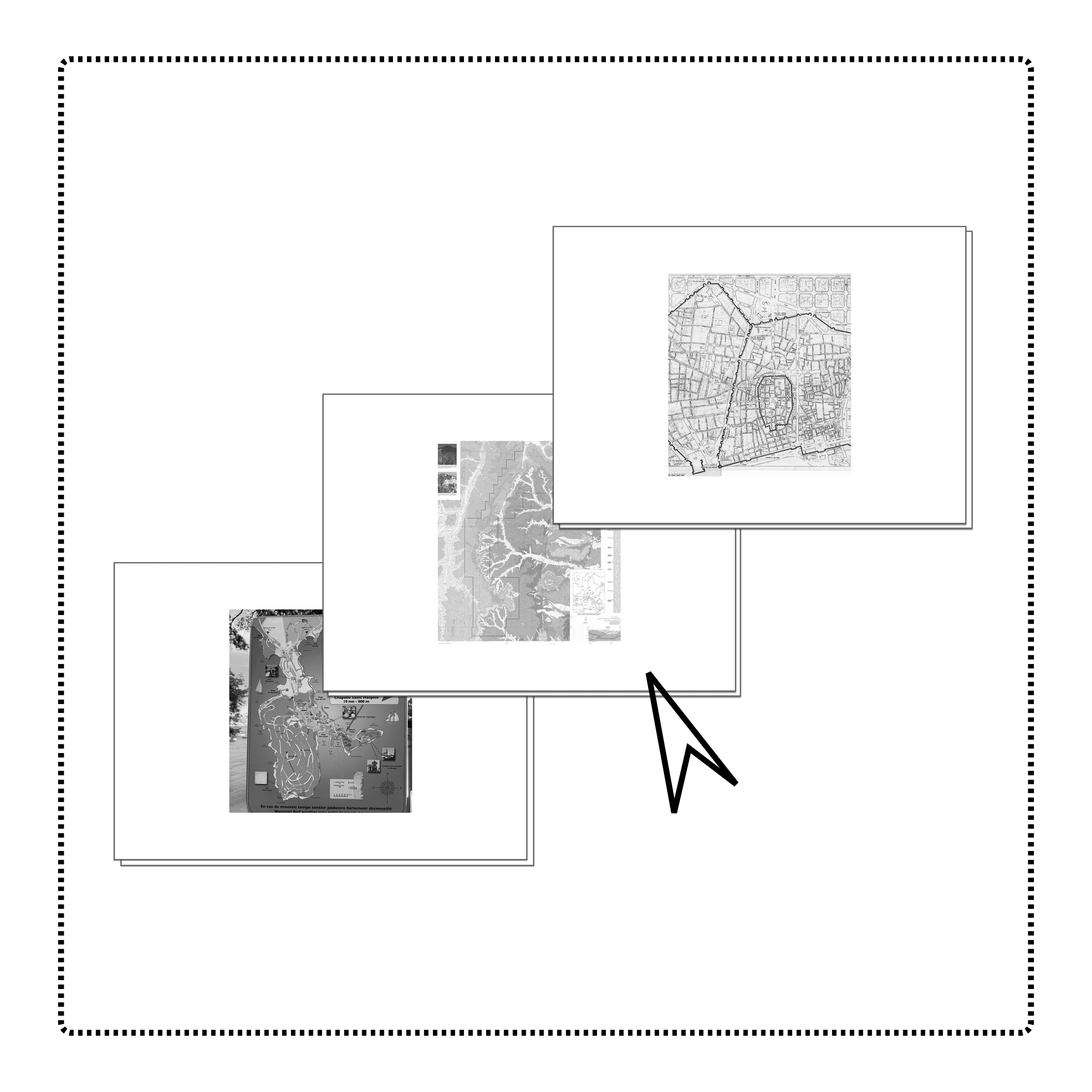 Image showing three maps overlaid, one of a mountainous terrain, another of a detailed urban street plan, and a third of a park or nature area.