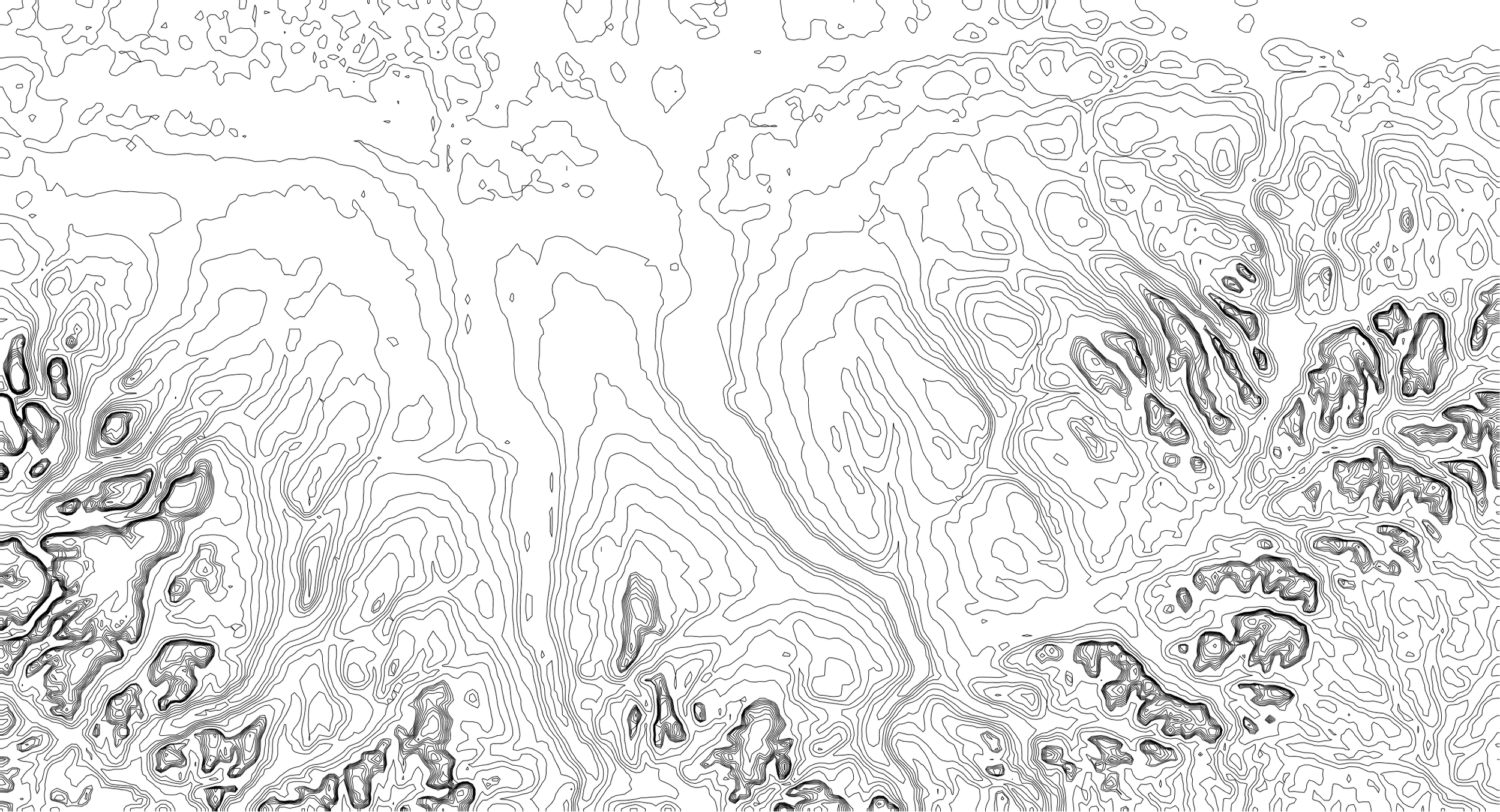 Topographical map with contour lines in black and white representing terrain elevation.
