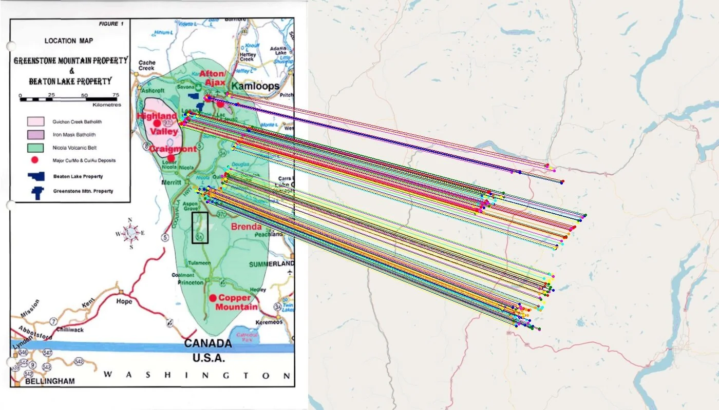 Map showing mineral property locations and drilling paths around Greenstone Mountain, Beaton Lake, and Beatton Lake in Canada with surrounding geographical features.