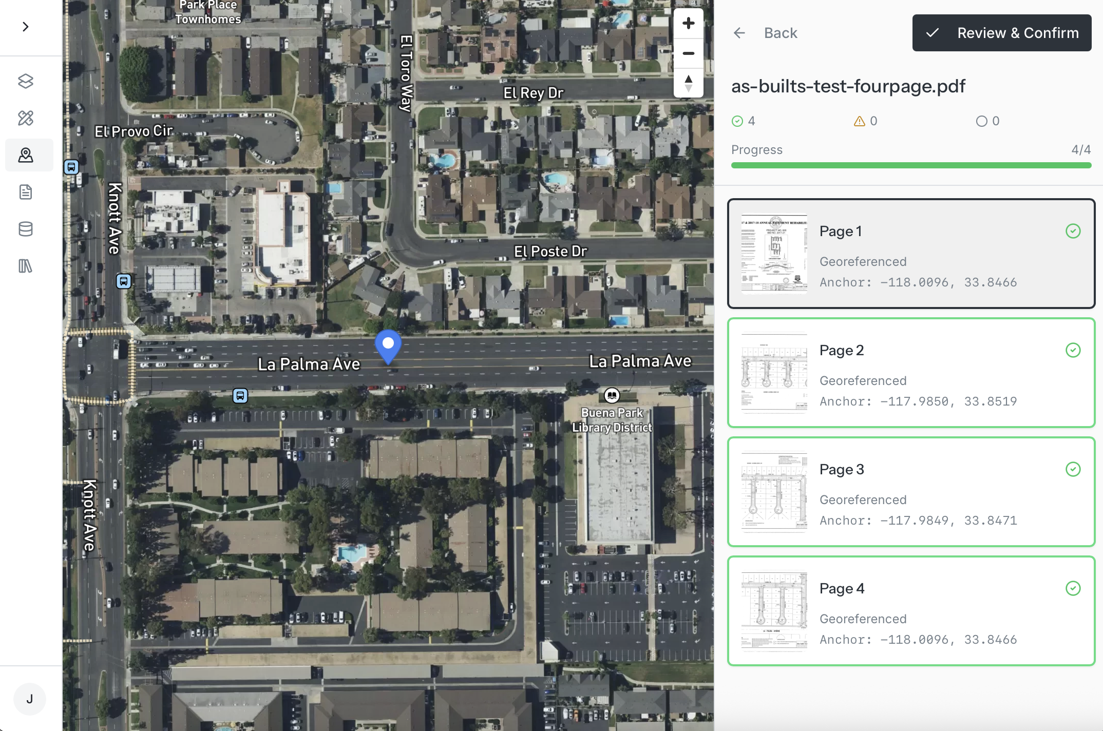 Aerial view of La Palma Avenue crossing Knott Avenue in Buena Park, California, showing roads, parking lots, residential and commercial buildings, and nearby green areas.