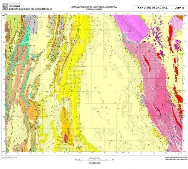 Geological map of San Jose de Jachal, Argentina, showing various rock formations and mineral resources with color-coded areas, contour lines, and labels.