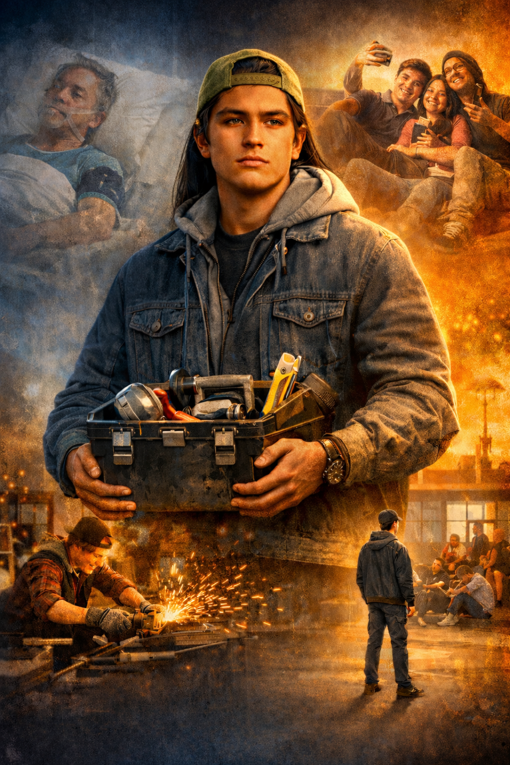 A young man with a serious expression holding a toolbox, with scenes of a hospital patient, friends taking a selfie, a person welding, and a person standing alone in a crowd in a factory or industrial setting in the background.