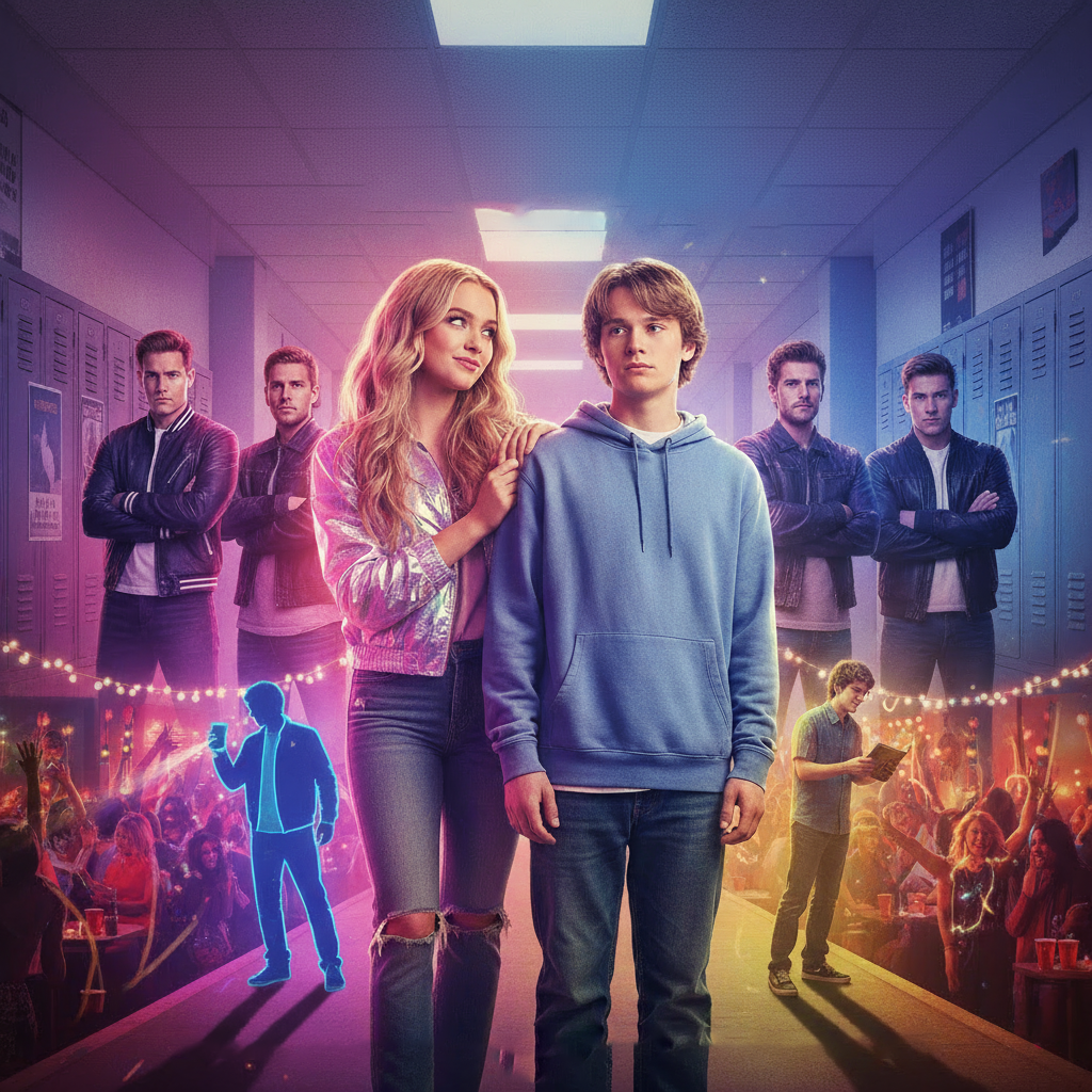 A group of six teenagers, five standing in a hallway and one on a stage, with a crowd of younger kids in the background and festive lights, in a scene from a Netflix series.