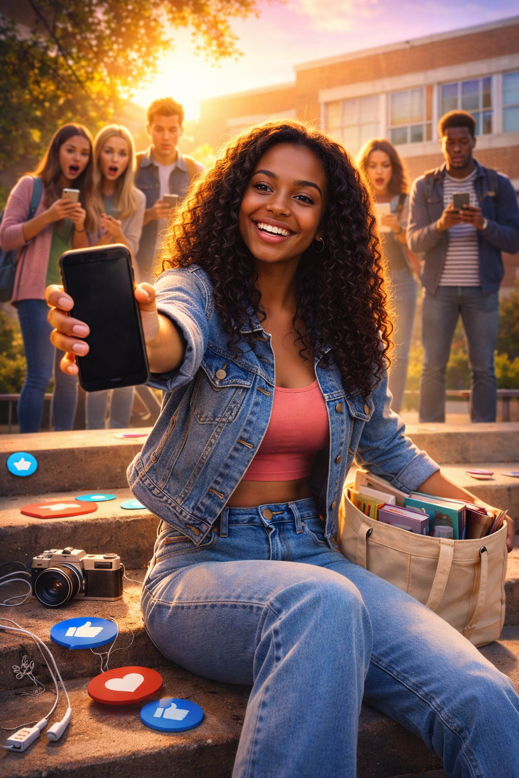 A young woman taking a selfie with her friends behind her on a college campus during sunset. The group looks surprised and excited as they hold their phones. The woman in the forefront is sitting on steps with a bag of books, a camera, and social media reaction icons around her.