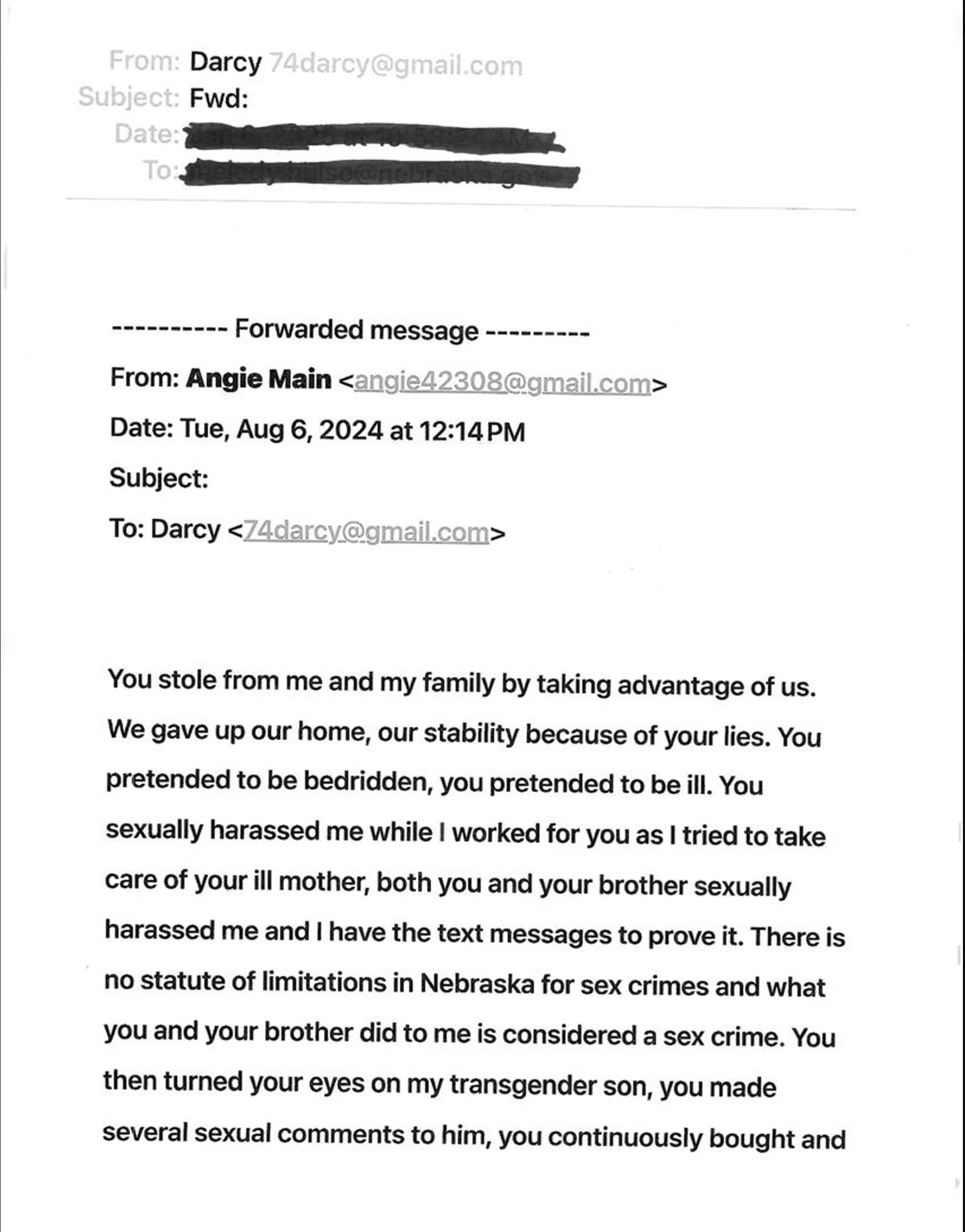 August 6, 2024 Email From Angie - Page 1