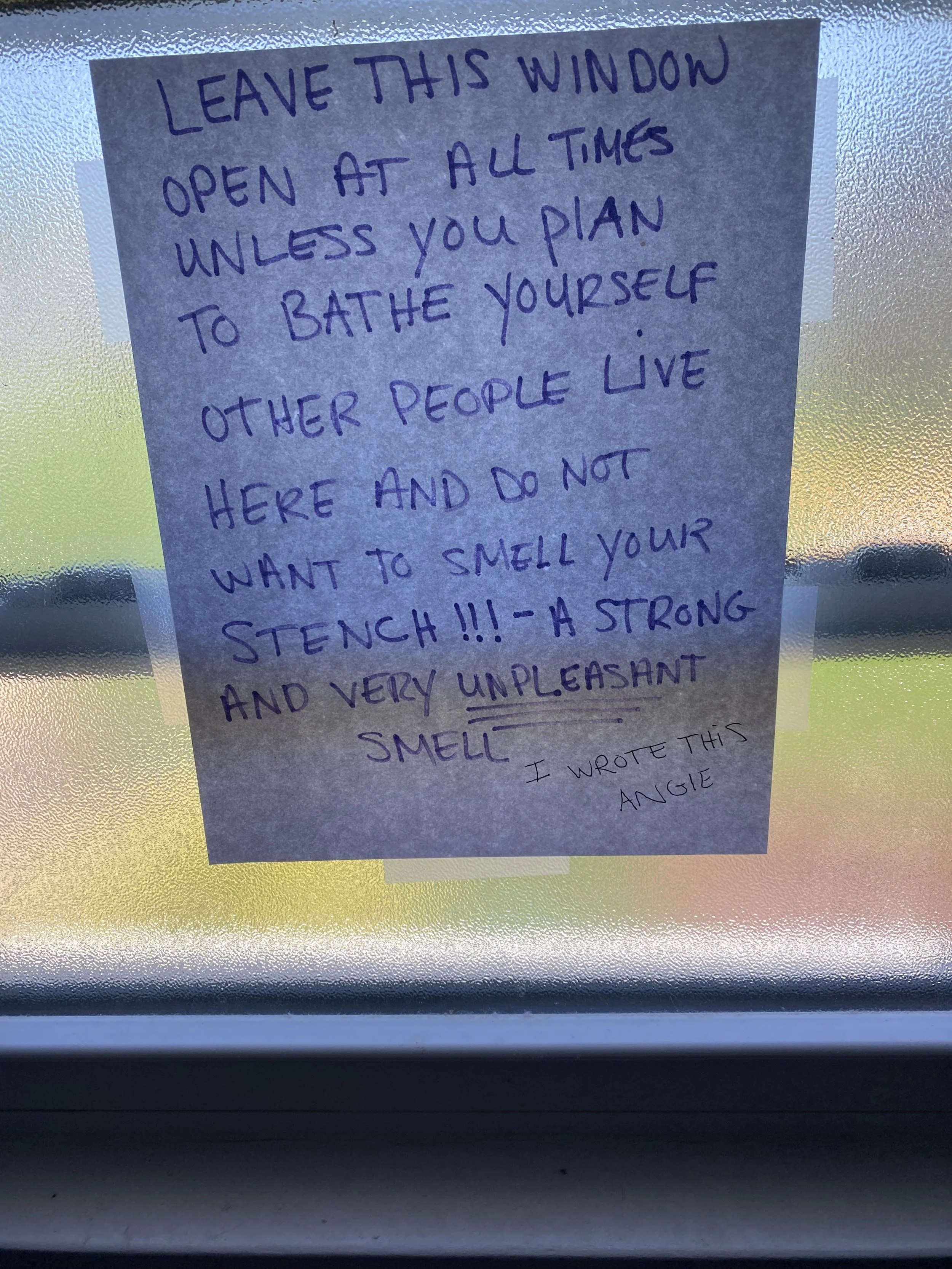 Note left on bathroom window 