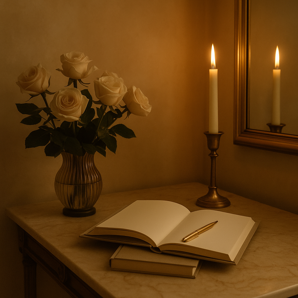 A marble-topped table with an open blank notebook, a gold pen, and a closed notebook. To the left, a vase with white roses. To the right, a lit candle in a brass holder, reflected in a mirror.