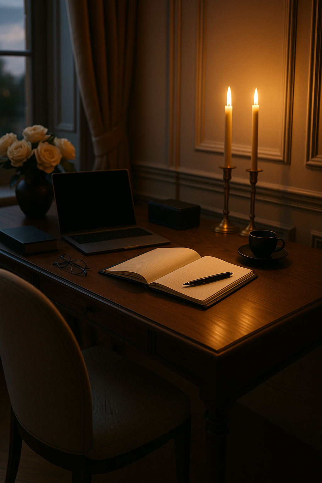 A desk in a dimly lit room with candles, an open notebook with a pen, a laptop, a cup and saucer, a pair of glasses, a closed book, and a vase of white roses.