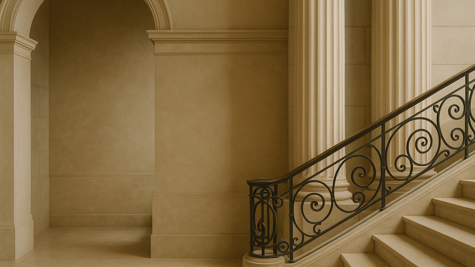 Elegant interior staircase with ornate black wrought iron railing, beige stone walls, and fluted columns.