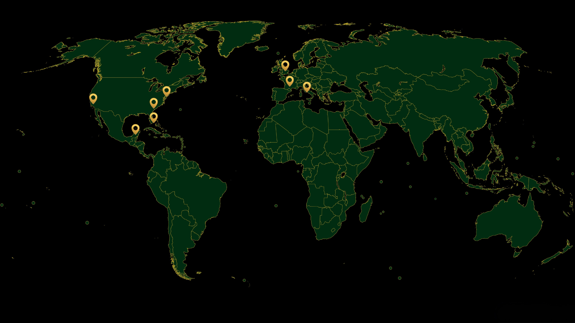World map with highlighted locations marked by pins in Europe, the Americas, and Southeast Asia.