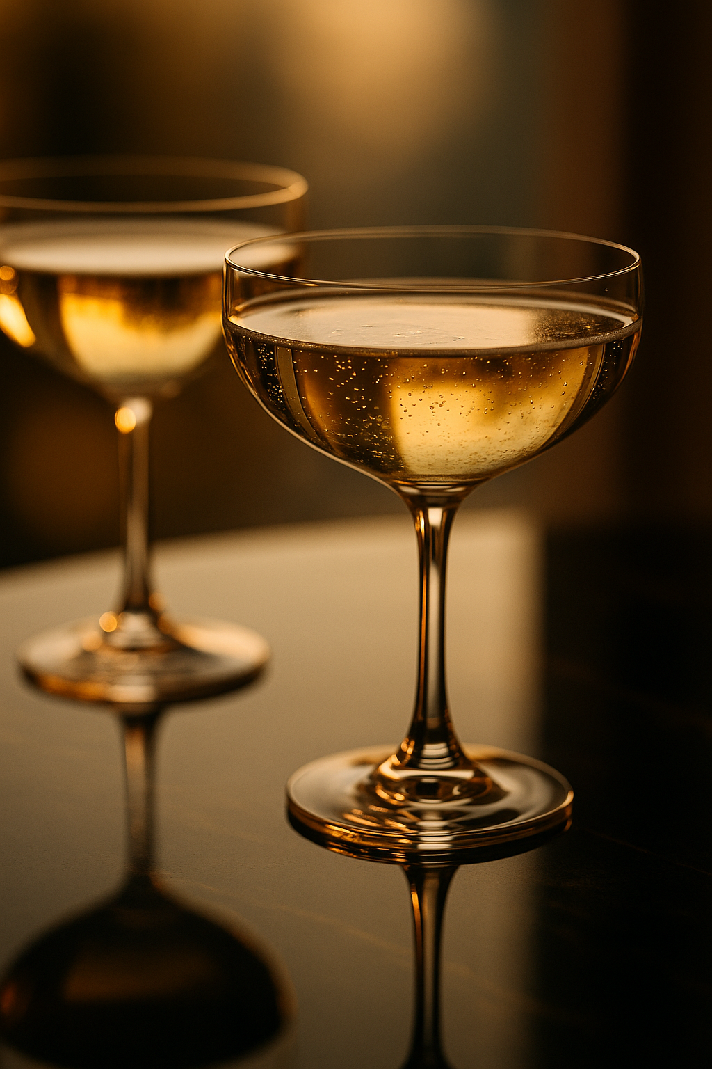 Two champagne glasses filled with sparkling wine, reflecting warm light, on a dark, glossy surface.