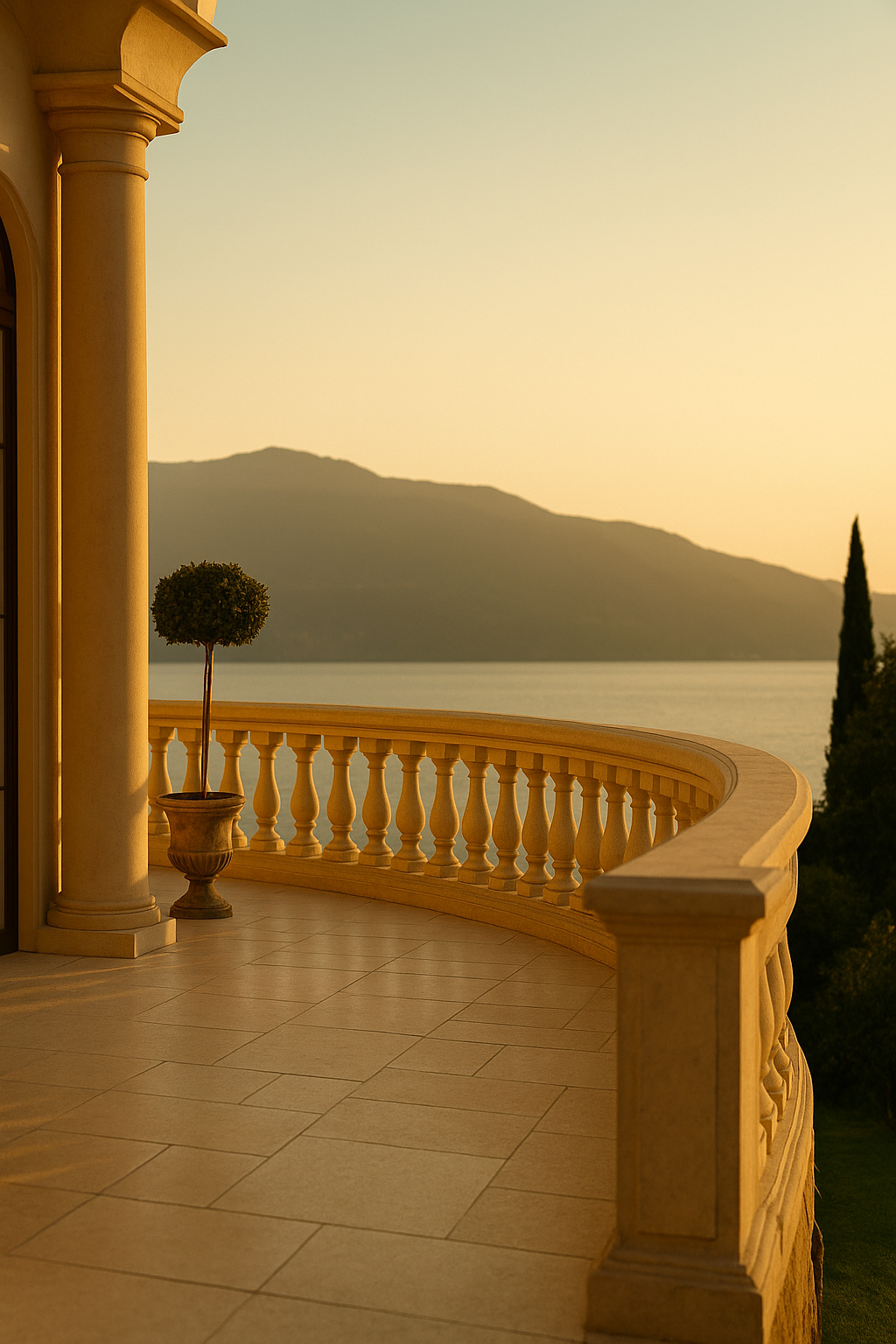 Balcony with beige stone railing and tiled floor, overlooking a lake and distant mountain at sunset.