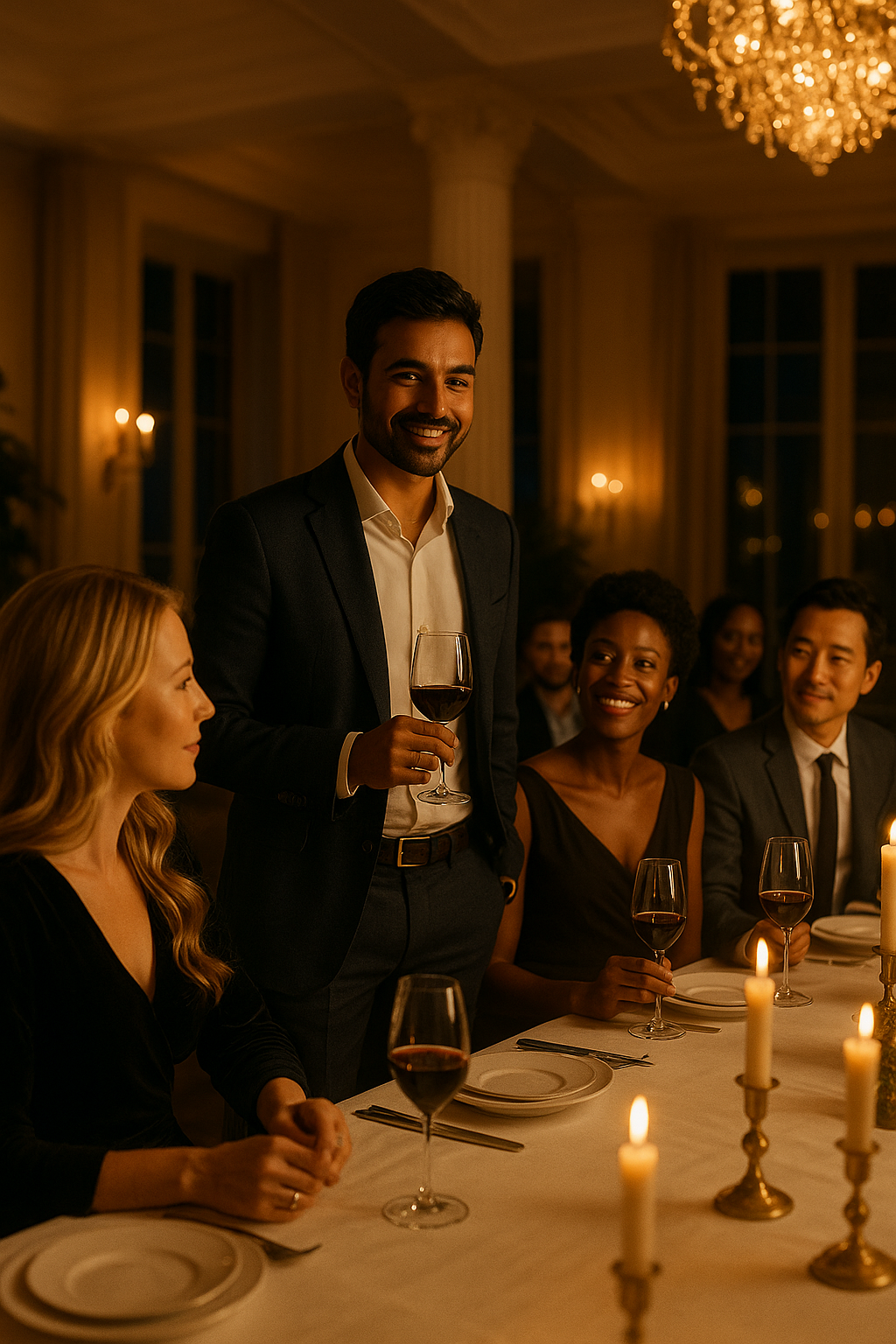 A man in a suit holding a glass of red wine at a formal dinner event, smiling while standing near a table with seated guests, in a warmly lit room with candles and elegant decor.