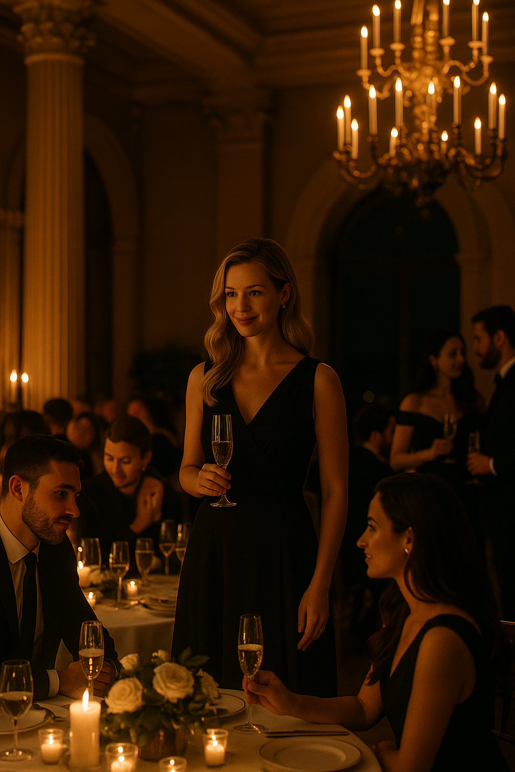A woman in a black evening gown standing and holding a glass of champagne at an elegant dinner party with candlelit table, chandeliers and people in formal attire engaged in conversations.