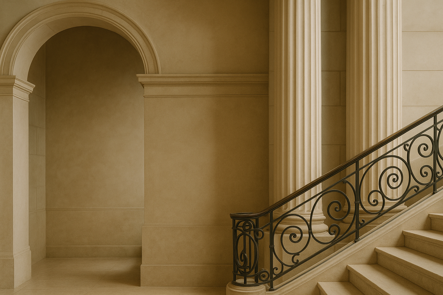Elegant staircase with ornate wrought iron railing and classical architecture features in a beige-toned interior.