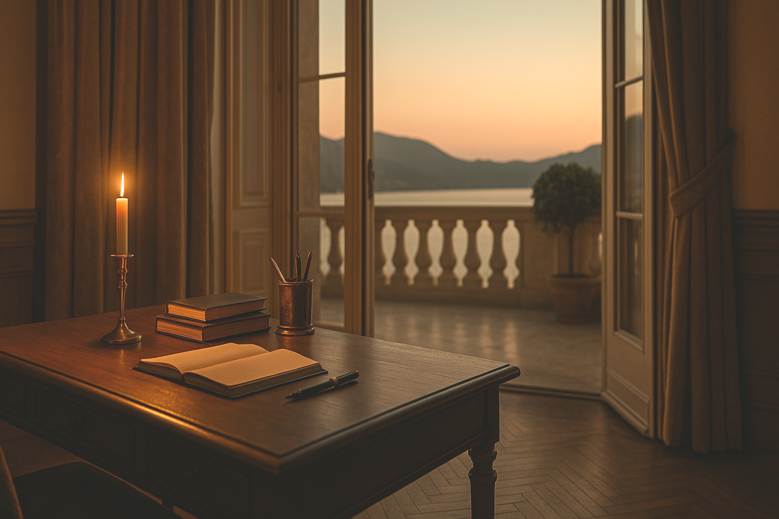 A wooden desk with an open book, a pen, and a candle in a holder, with large windows or doors open to a balcony overlooking a lake and mountains at sunset.