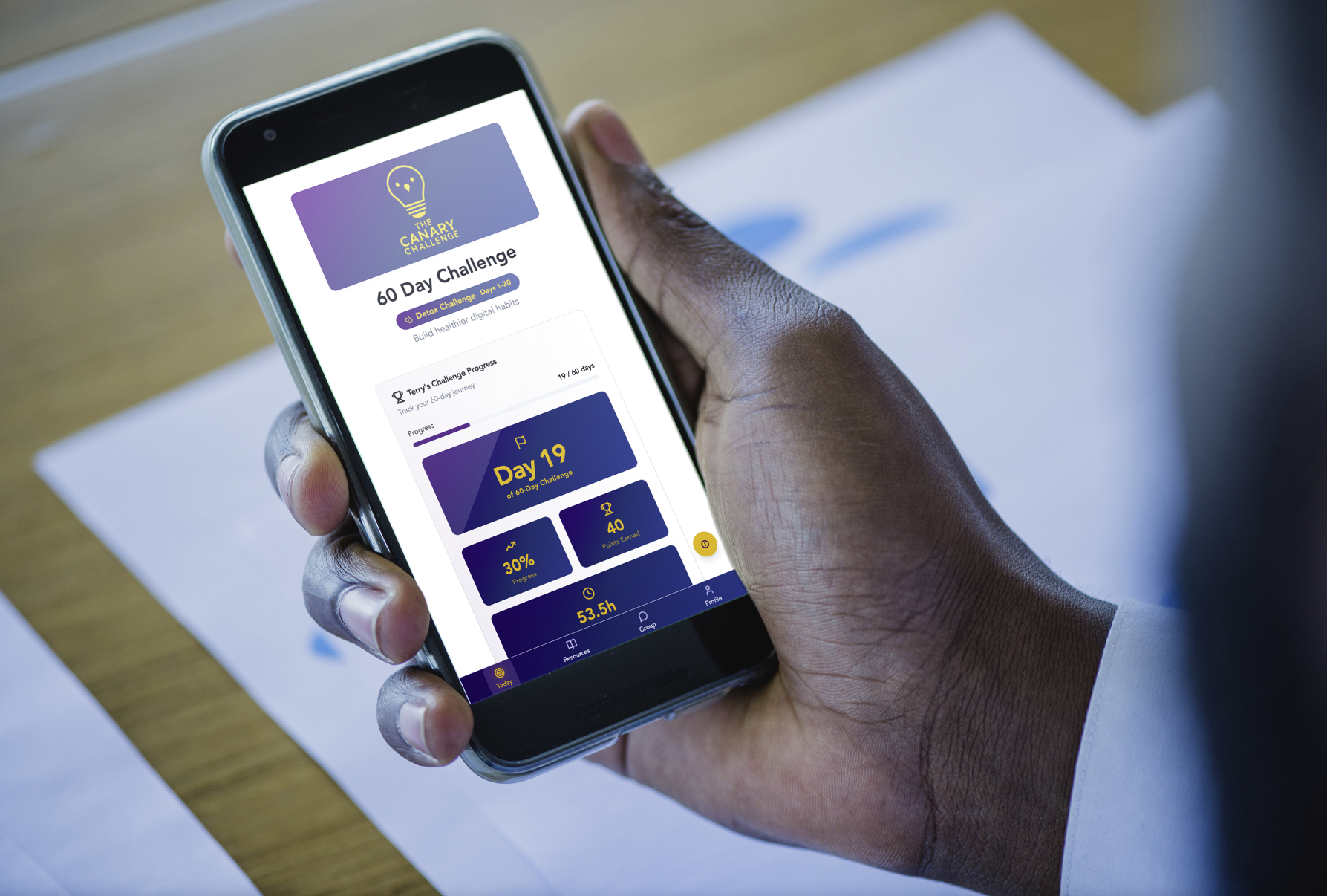 Canary Challenge app interface showing daily digital wellness tasks on a smartphone