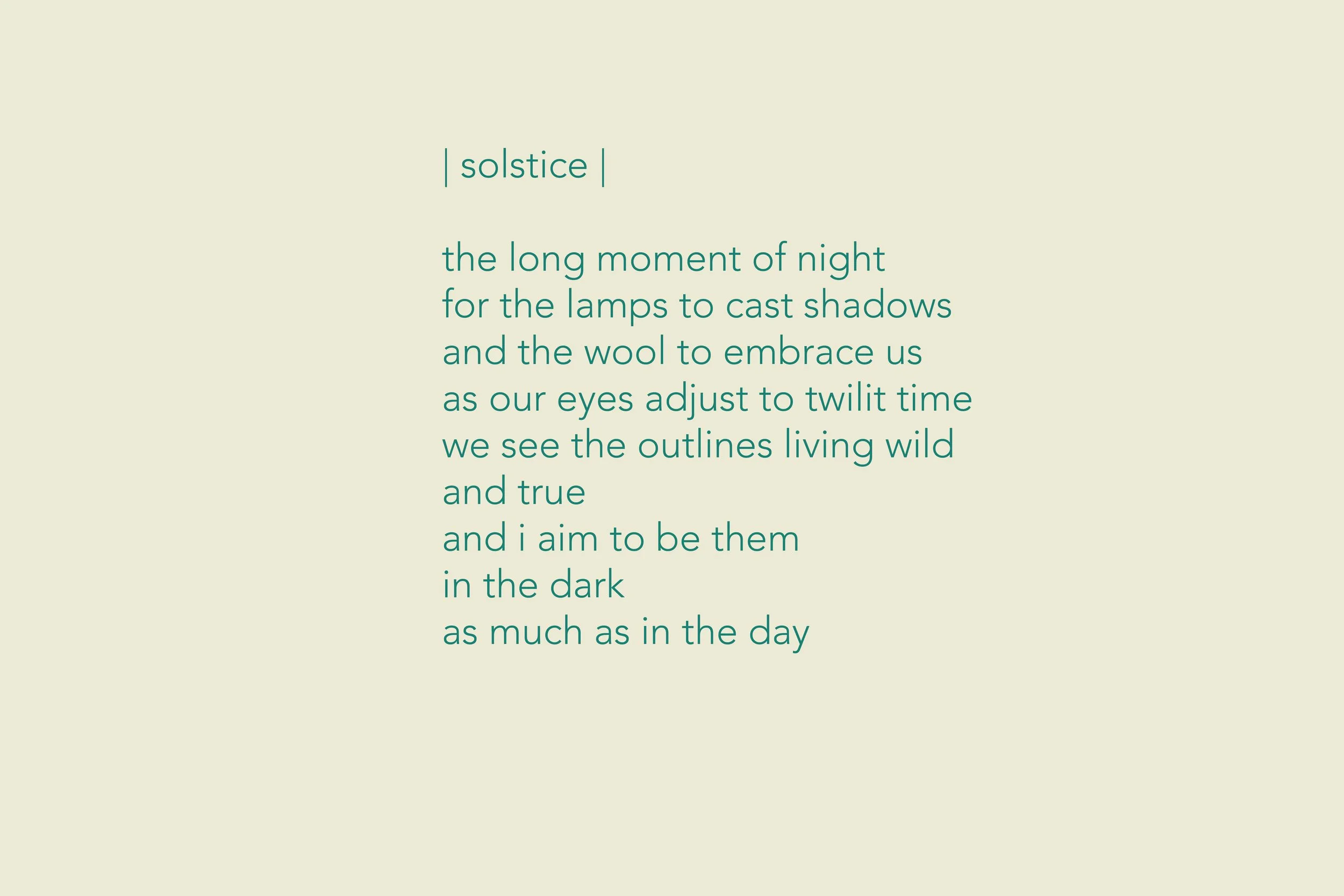 Image of a poem titled 'solstice' written in green text on a pale background. The poem discusses the night, shadows, and the transition from day to night.